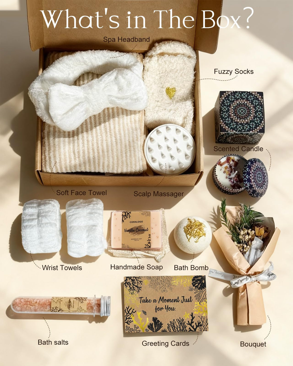 Coralogo 11pcs Natural Pampering Spa Gift Baskets for Women, Coconut – close-up detail