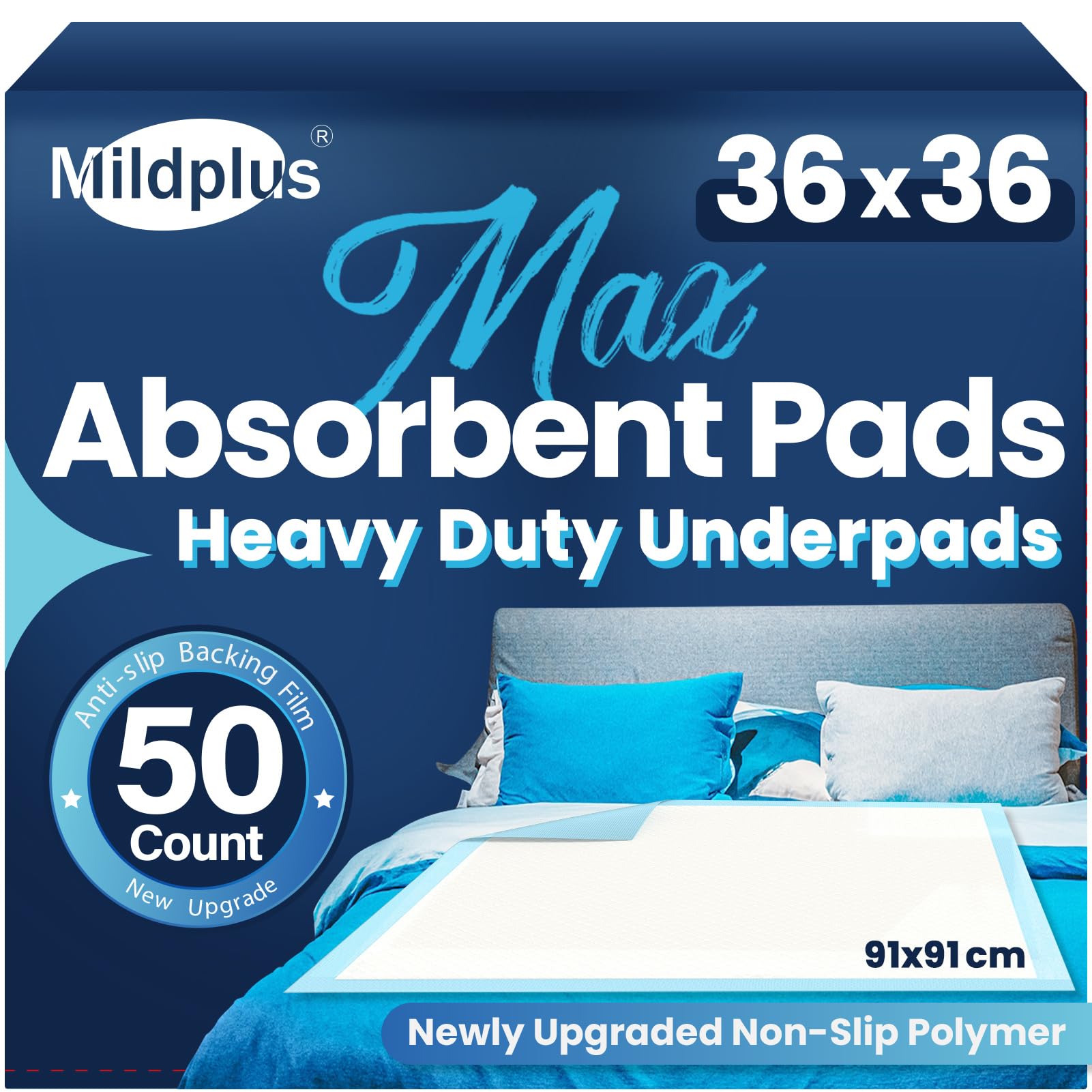 MILDPLUS Heavy Duty Underpad 36''x36'' 50 Count (Blue) - Product Imagery