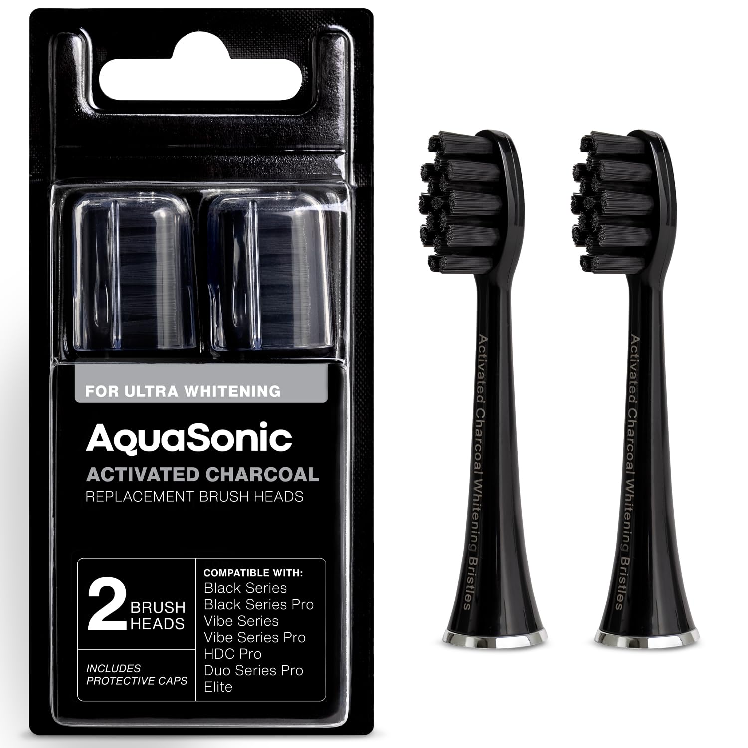 AquaSonic genuine replacement toothbrush heads for normal and sensitive teeth, black 2-pack compatible with AquaSonic electric toothbrushes.