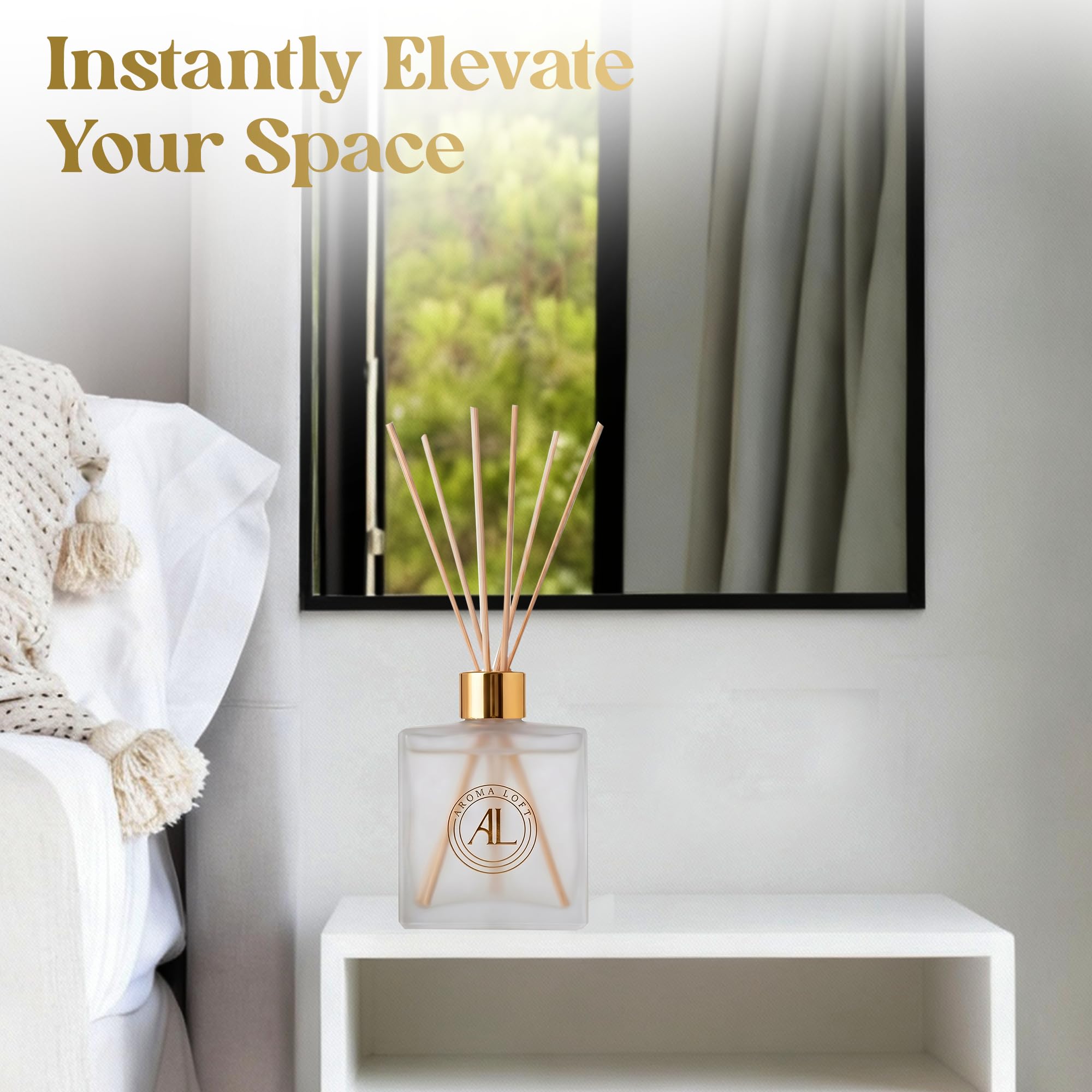 Aroma Loft Frosted Reed Diffuser in Cashmere Vanilla scent with 5oz bottle and reed sticks for home fragrance.
