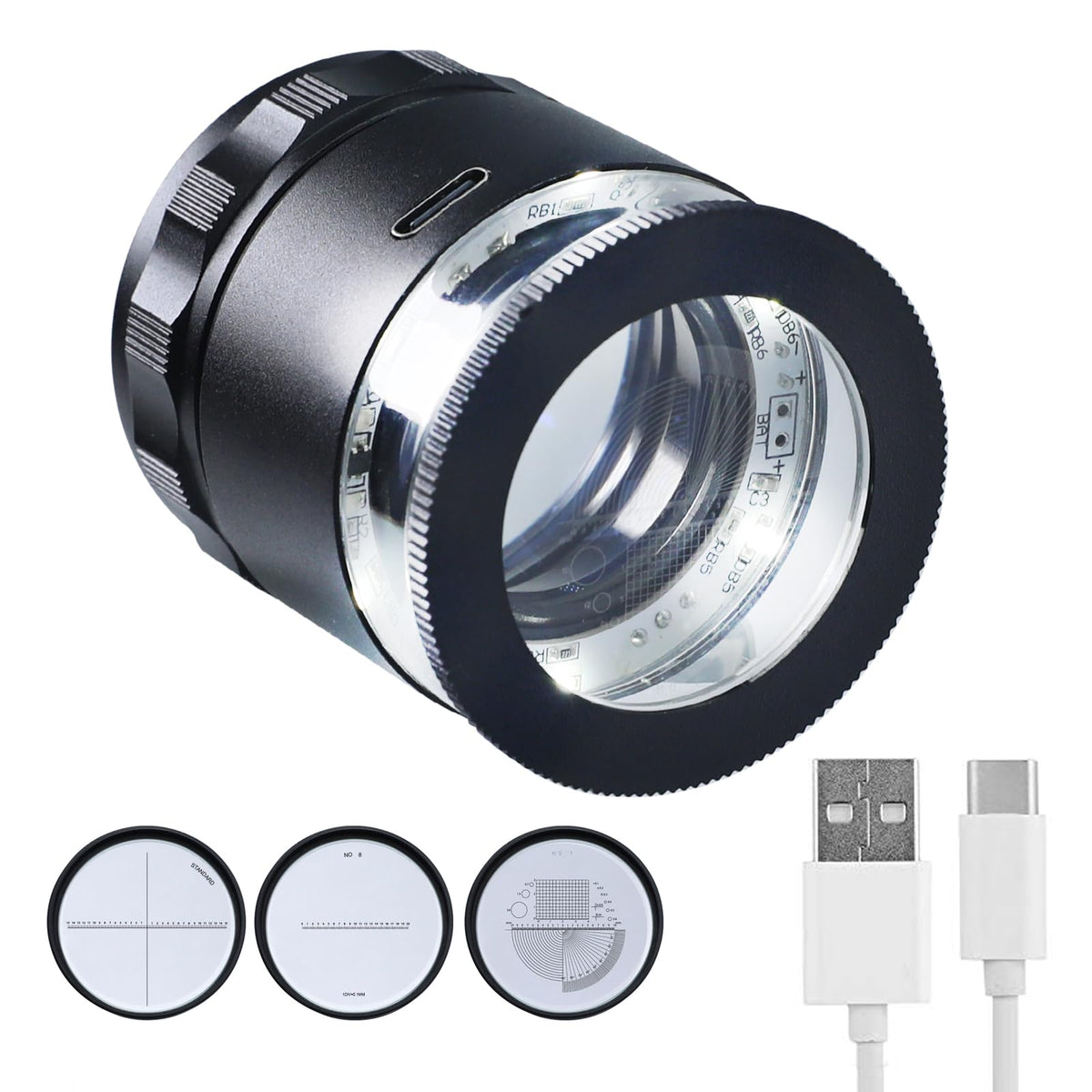 Landtek 10X Rechargeable Jewelers Loupe Magnifier with LED Lights and 3 Reticle Scales, 25 mm Field of View, Adjustable 