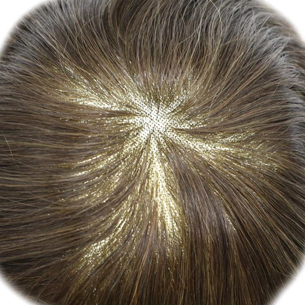 Curve Hair men's human hair toupee with light brown and gray, monofilament wig, 7x9 inch durable poly-coated hairpiece.