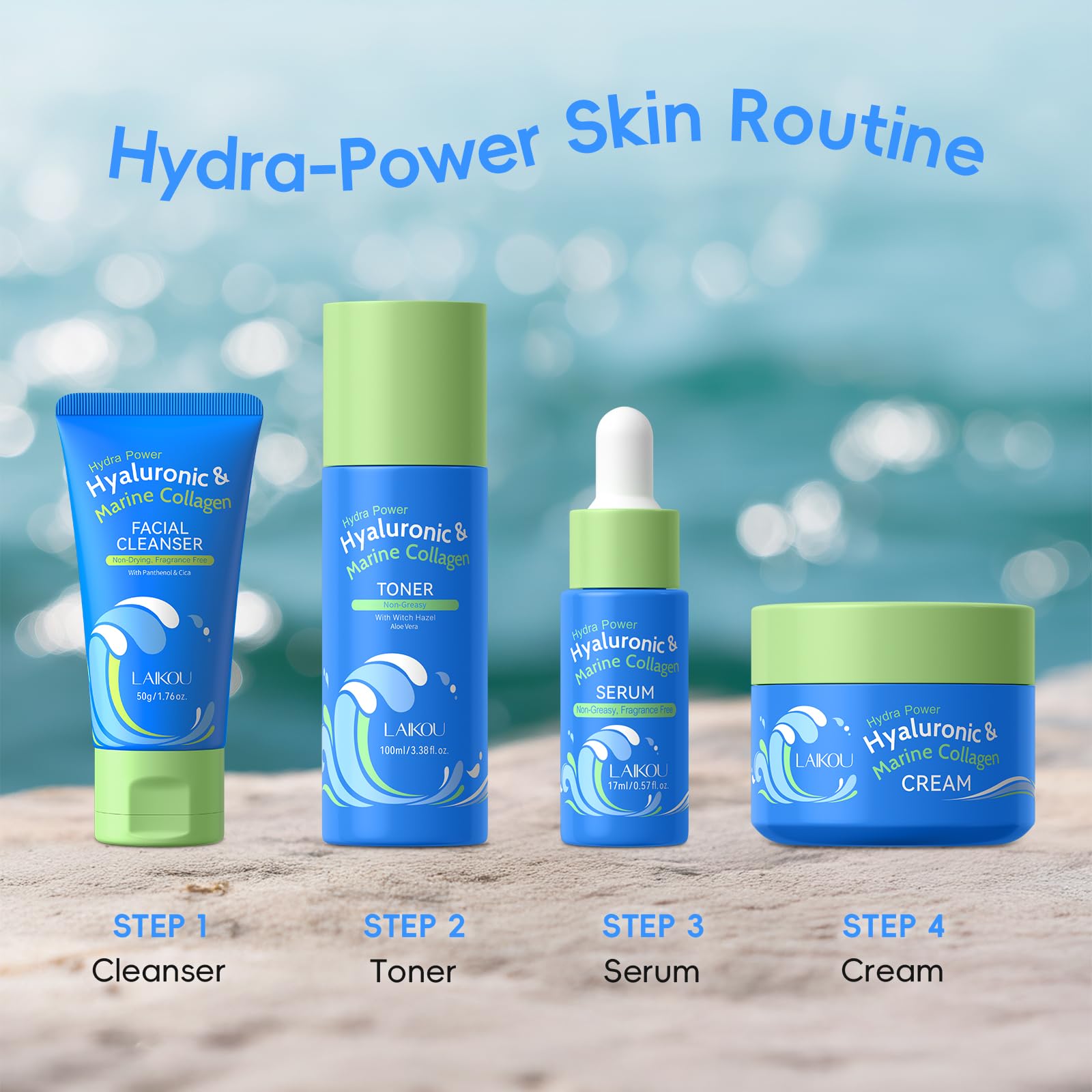LAIKOU Hydra Power skin care set with hyaluronic acid and marine collagen for hydrating and nourishing skin.