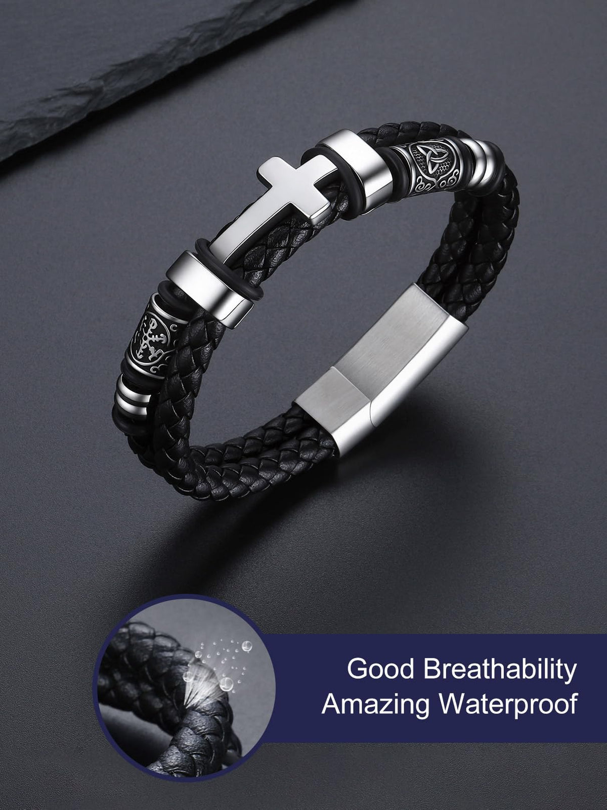 Bandmax Premium Timeless Men's Cross Braided Cord Cuff Bracelet, 7"/8"/9" – packaging and label