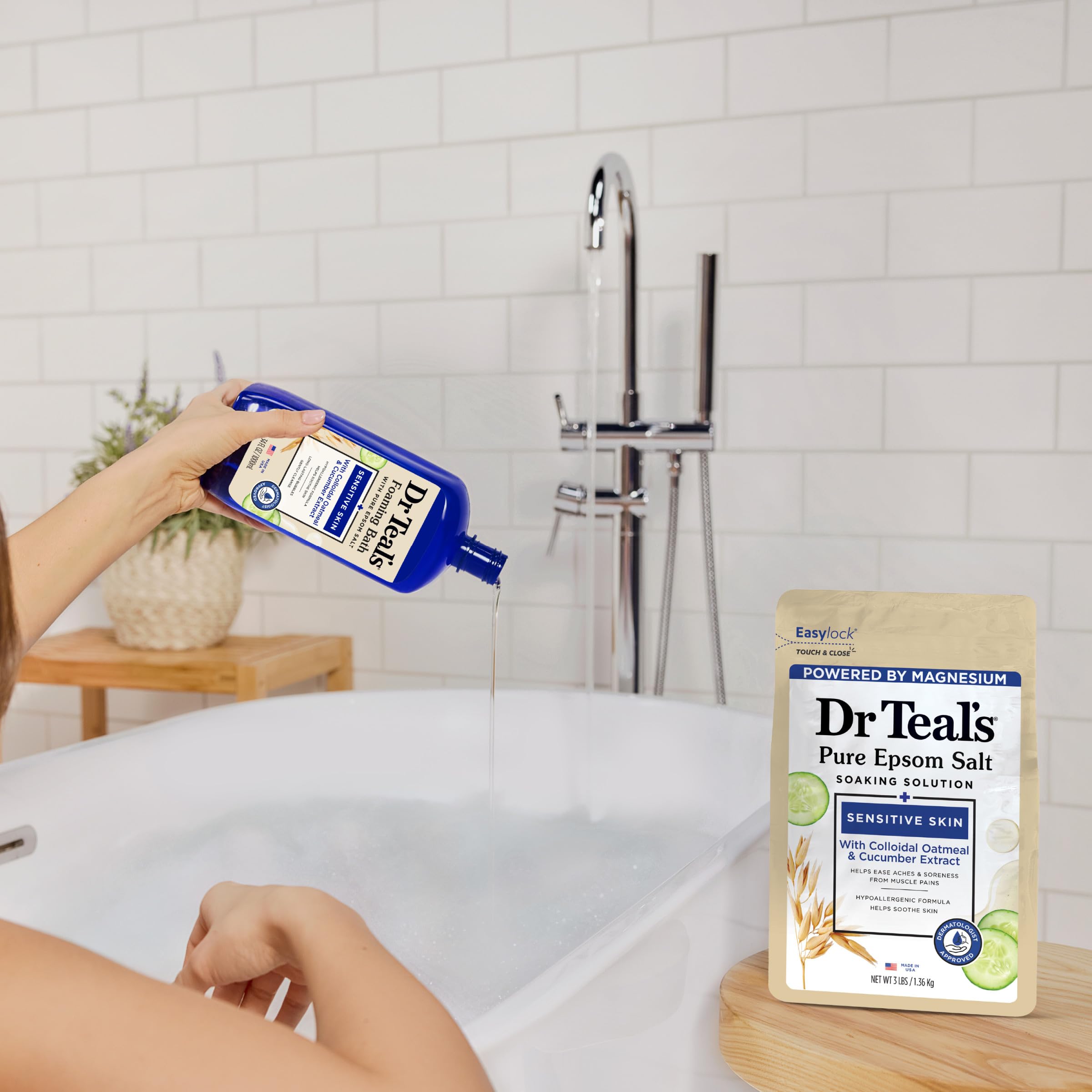 Dr Teal's foaming bath water with Epsom salt, colloidal oatmeal, and cucumber for sensitive skin, 34 fl oz.