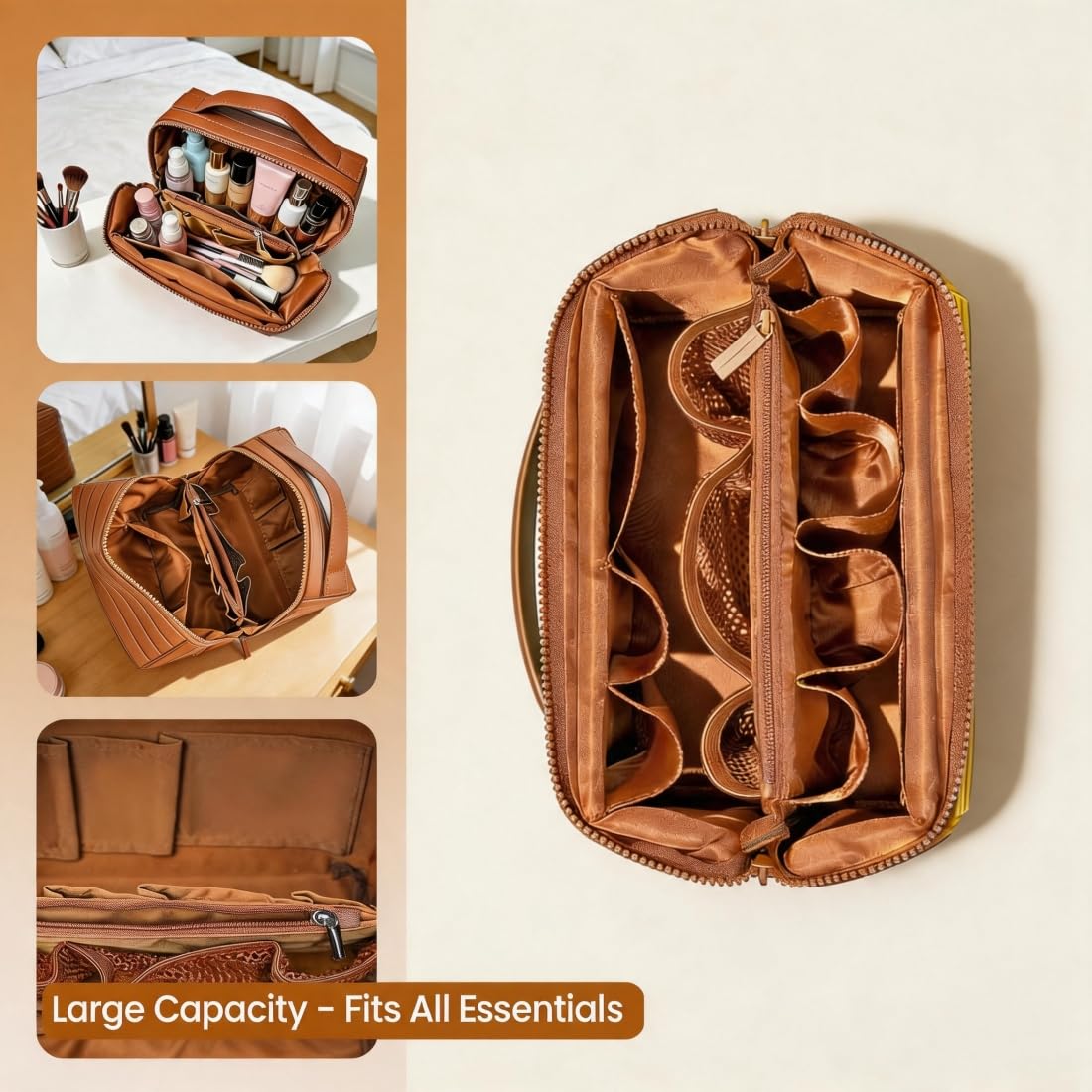 Loisdaro Travel Makeup Bag for Women - Large Capacity Waterproof Cosmetic Organizer with Fold Down & Pull Open Design, T