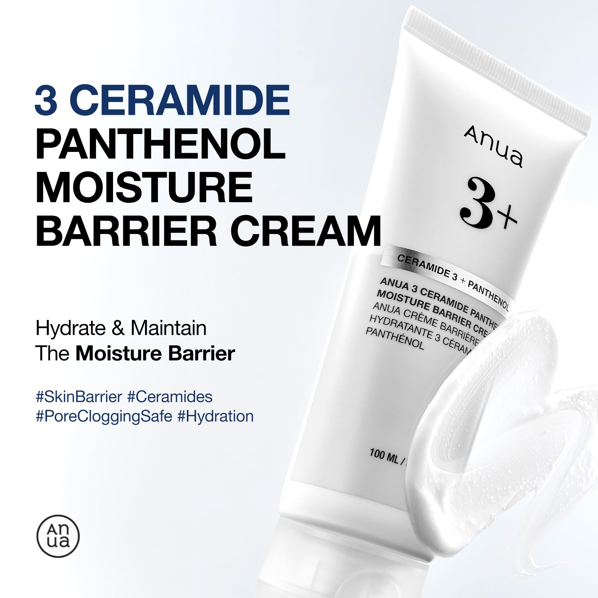 ANUA 3 Ceramide Panthenol Moisture Barrier Cream in 3.38 fl oz jar, showing creamy texture and product label on the container.