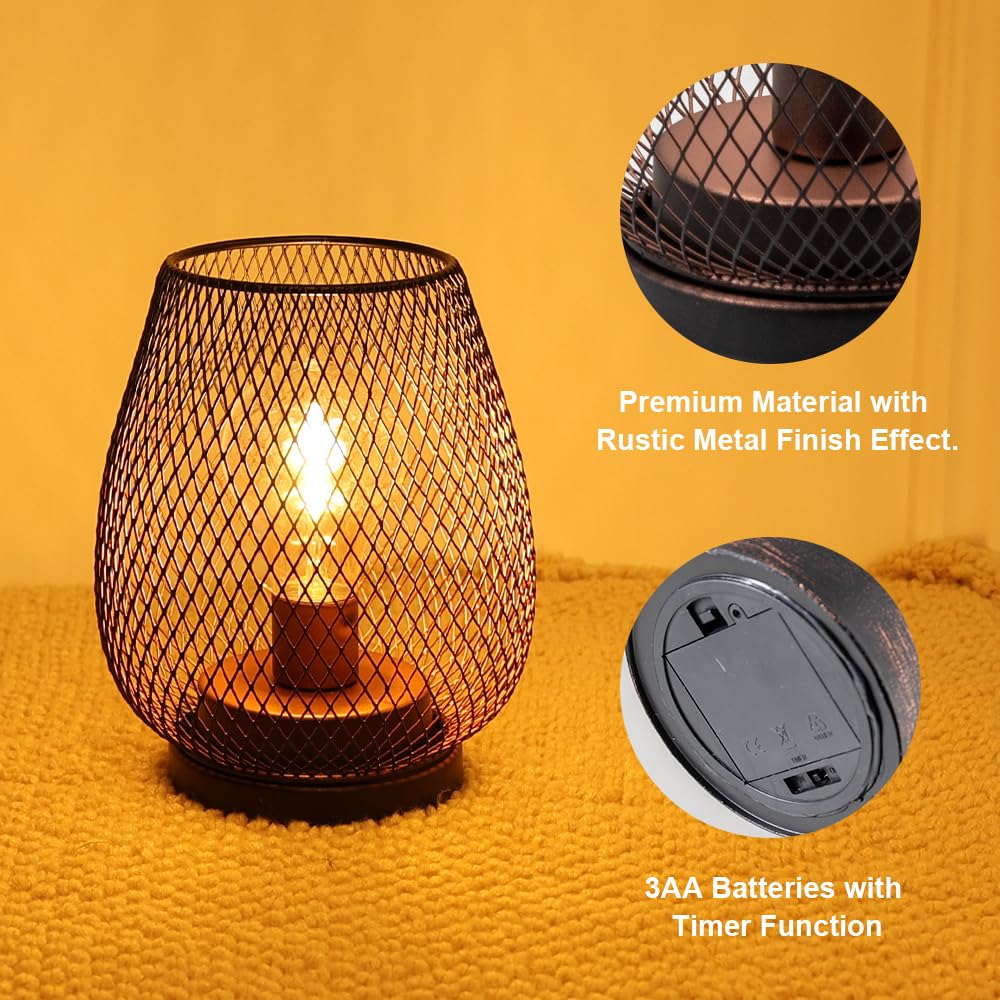 NEEDOMO Battery Operated Lamp Table Powered Lantern, Set of 4 Metal Cage Cordless Lamps with LED Bulb, Vintage Decorativ