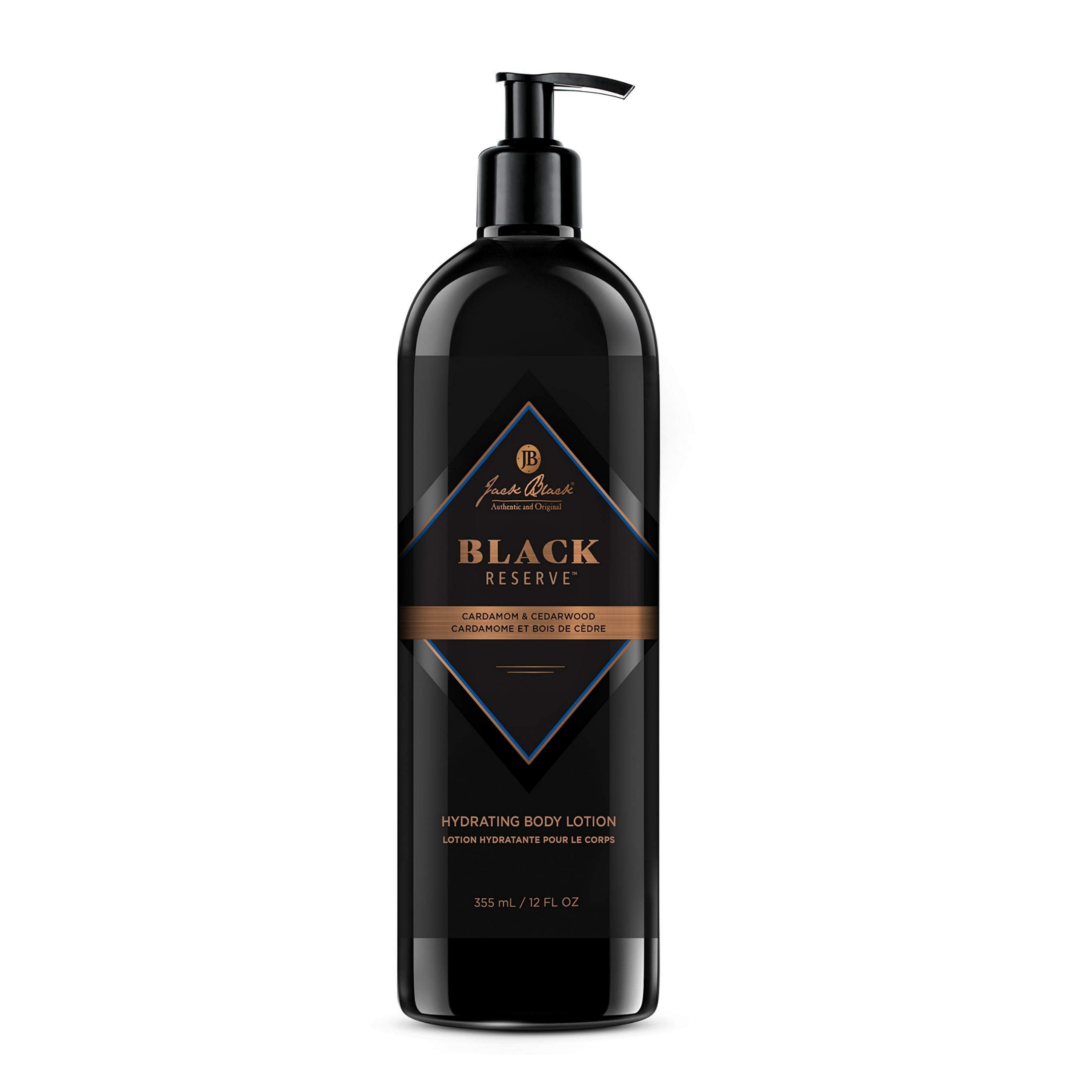 Jack Black Black Reserve hydrating body lotion with cardamom and cedarwood, 12 oz, featuring a rich, moisturizing formula.