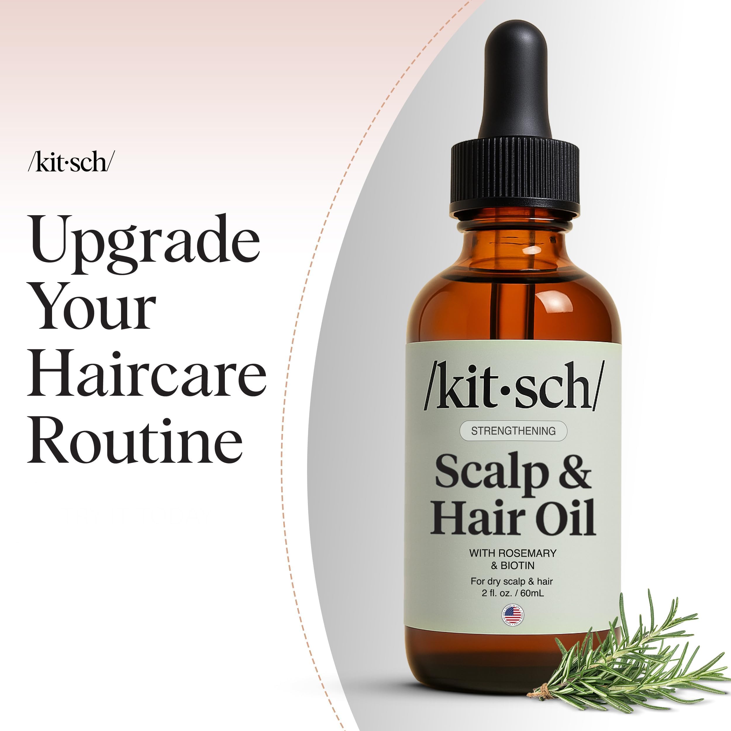Kitsch Rosemary oil for hair growth in a 60mL bottle, includes castor oil, biotin, and jojoba for scalp nourishment and hair revitalization.