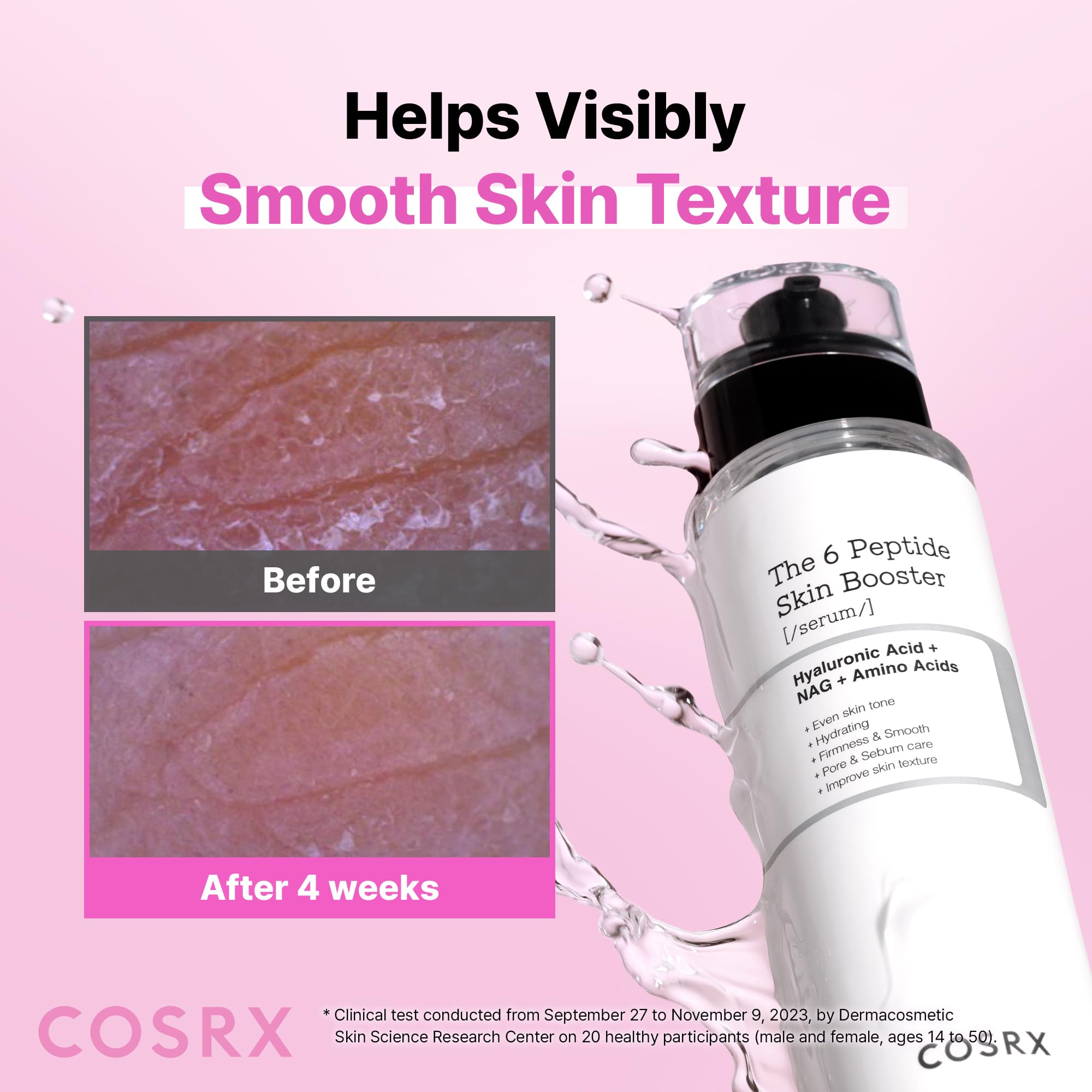 COSRX 6X Peptide Collagen Booster Toner Serum in a 5.07 oz bottle, featuring clear liquid and pump dispenser for skincare.