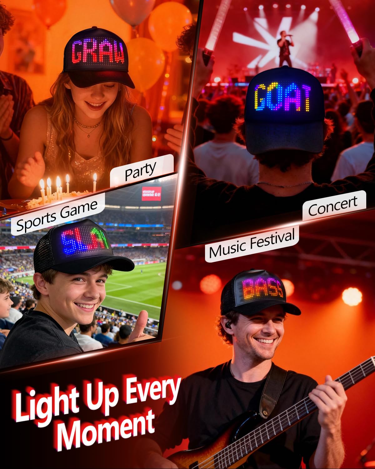 JDVOOTD Programmable LED Hat Bluetooth App Control, Custom Text Smart Baseball Cap, Rave Party Funny Hats, for Men – ful