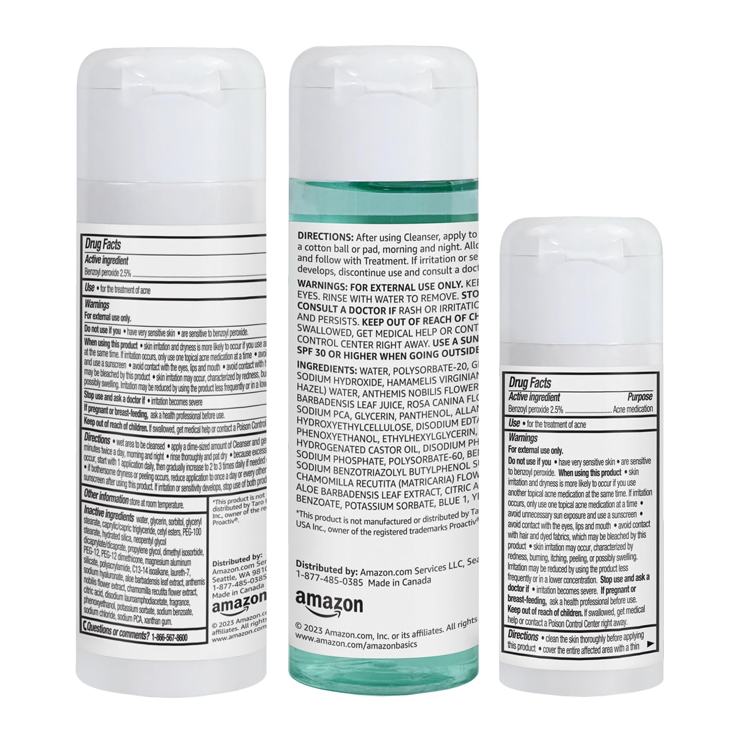 Amazon Basics 3-step acne remedy system with bottles of skin care solution, including cleanser, treatment, and moisturizer.