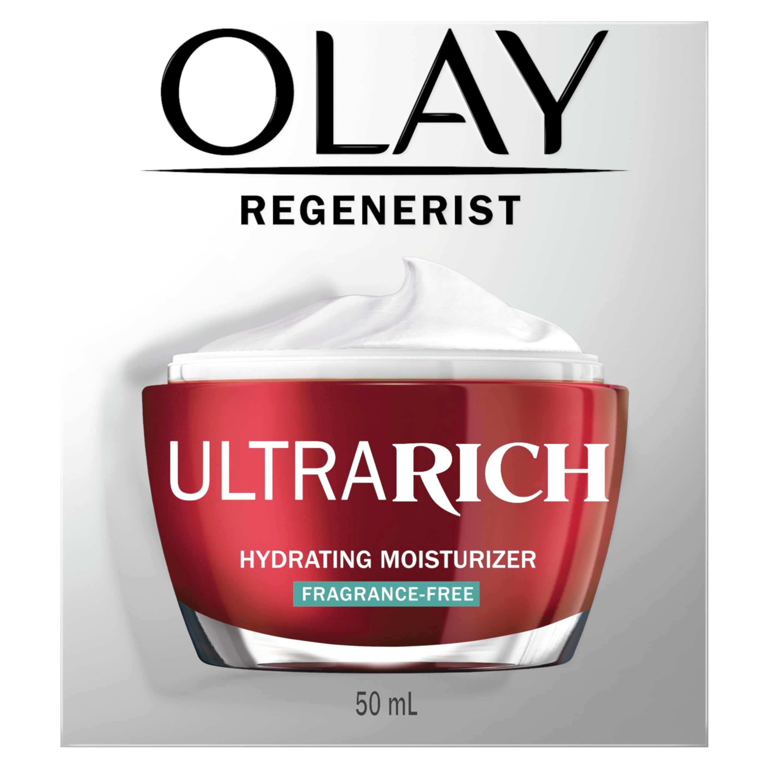 Olay Regenerist Ultra Rich Face Moisturizer in 1.7 oz jar, fragrance-free, smooth skin, creamy texture, skincare product.
