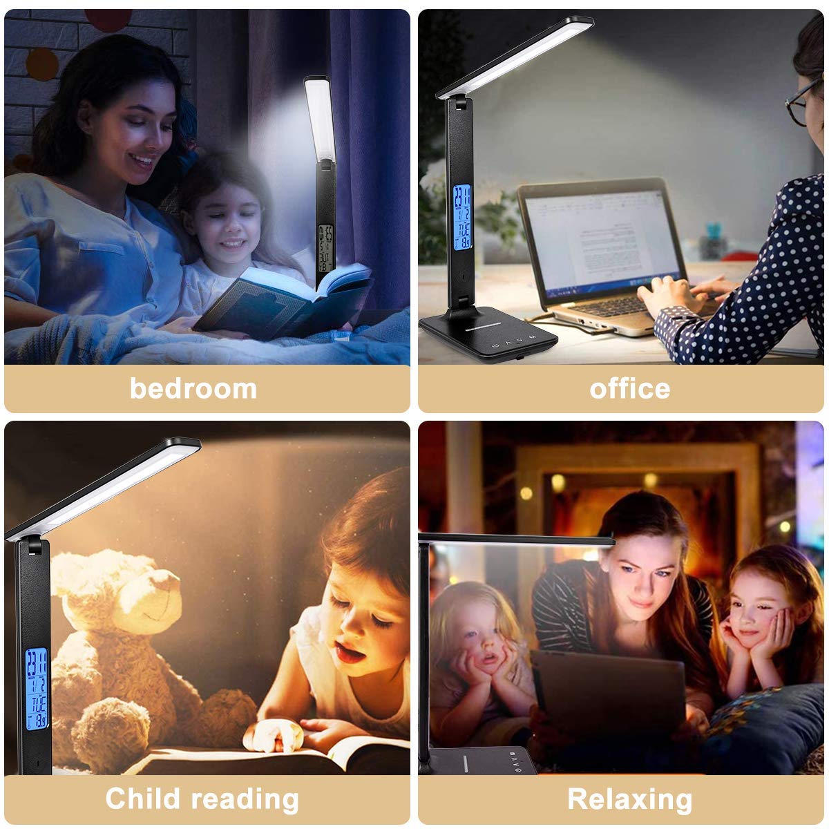 XIZDDL LED Desk Lamp with Wireless Charger, Suitable for Home, Office Dimmable, with USB Charging Port, Built-in Clock, 