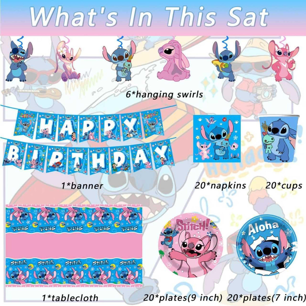 KROCEUS 88PCS For Stitch Party Supplies: 6 Hanging Swirls, 20 Napkins, 20 Cups, 20 Plates （9 inch）， 20 Plates 7（ inch）, 