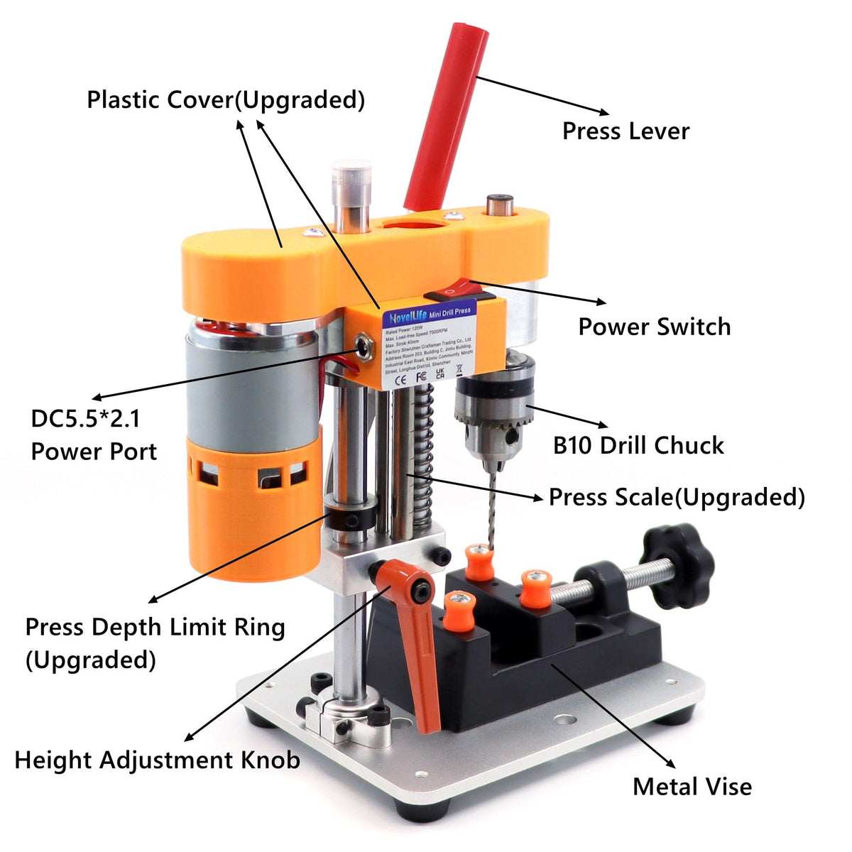 NovelLife Precision Mini Drill Press Benchtop Driller Machine B10 Upgraded – packaging and label