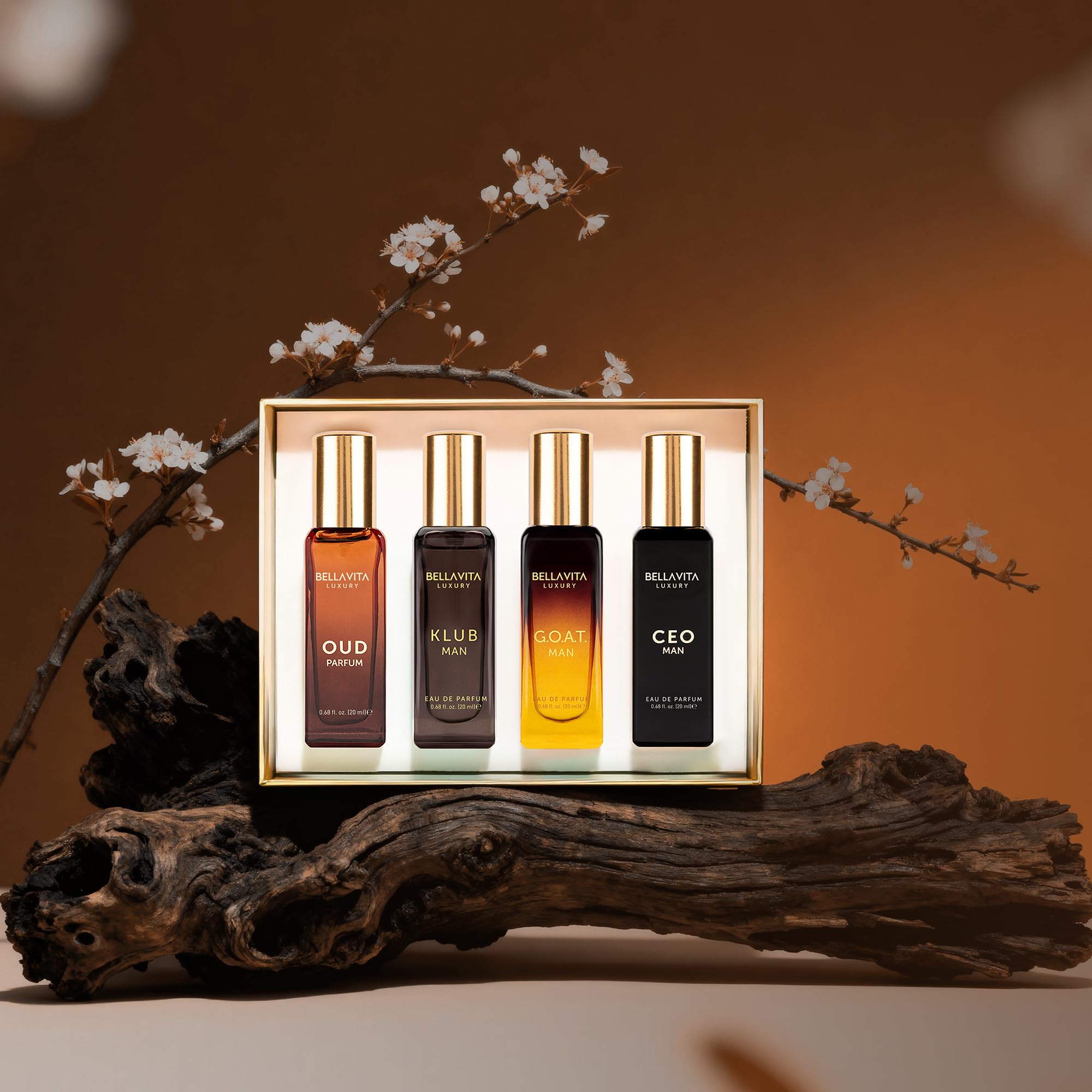 Bella Vita Luxury men's perfume gift set with four 20ml bottles, featuring elegant bottles and packaging.