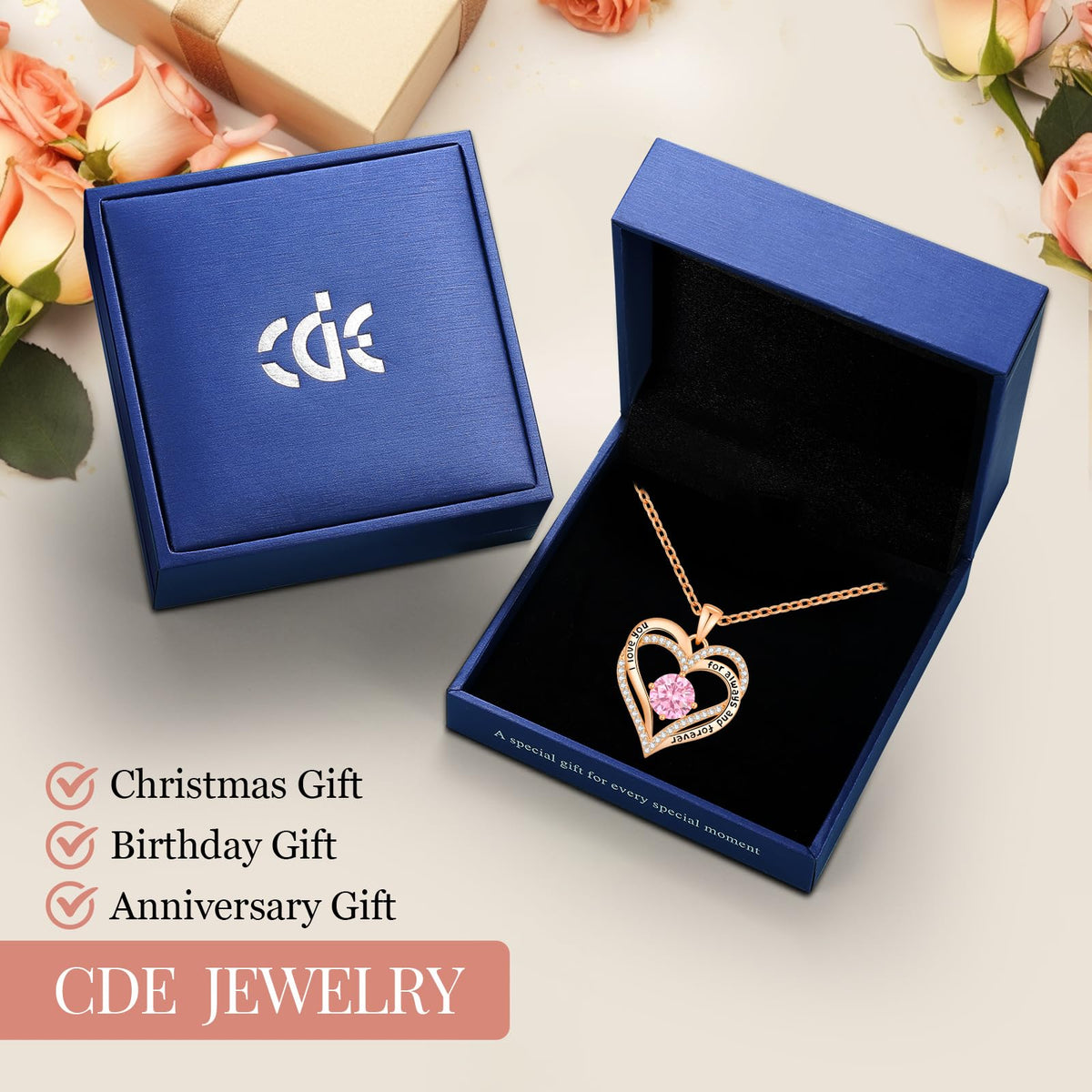 CDE 18K Rose Gold Heart Pendant Necklaces Gift, Birthstone Jewelry Gift – alternate angle
