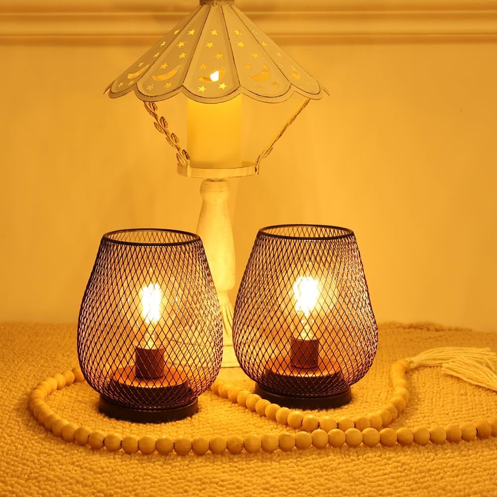 DECORKEY Set of 2 Rechargeable Lamp LED Table Lantern, Brown Metal Cage Cordless Lamps with LED Bulb，Vintage Decorative 