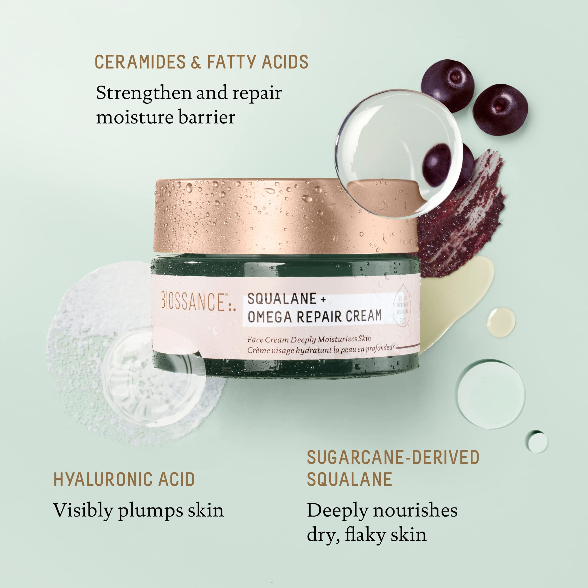 BIOSSANCE Squalane + Omega Repair Cream face moisturizer in 1.7oz jar, showing the nourishing cream and clean packaging.