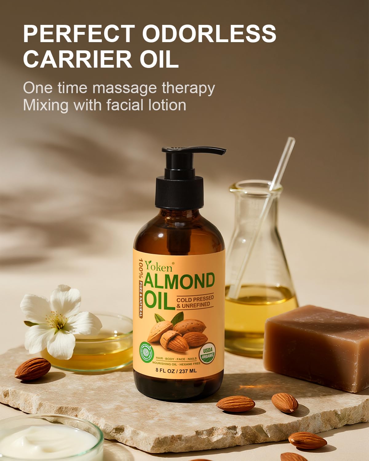 Yoken Organic Almond Oil 8 oz Glass Bottle, Cold Pressed for Skin & Hair