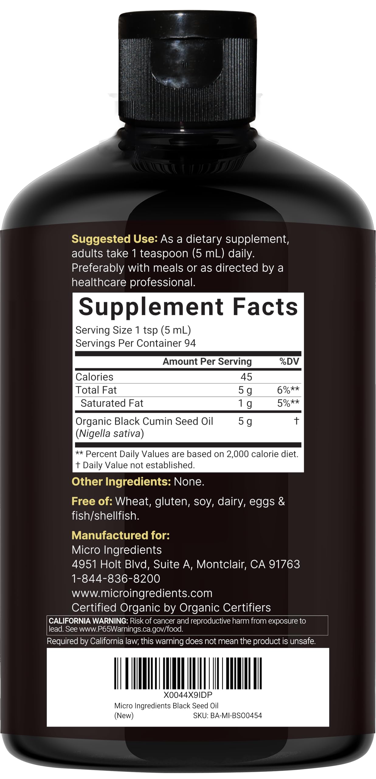 Micro Ingredients Black Seed Oil Organic Cold Pressed, 16 fl oz | Rich in Thymoquinone & Omega 3 6 9 | Unrefined from Nigella Sativa Seeds | Immune, Hair & Skin Support* | Non-GMO - 3 Months Supply