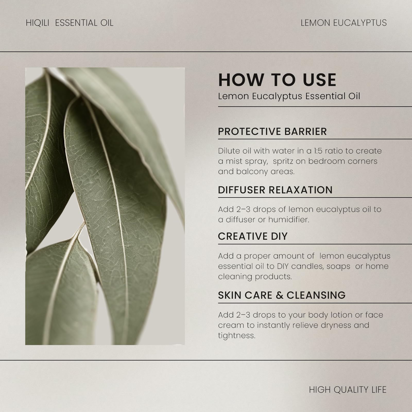 HIQILI Lemon Eucalyptus Essential Oil for Spray, Aromatherapy & Skin Care