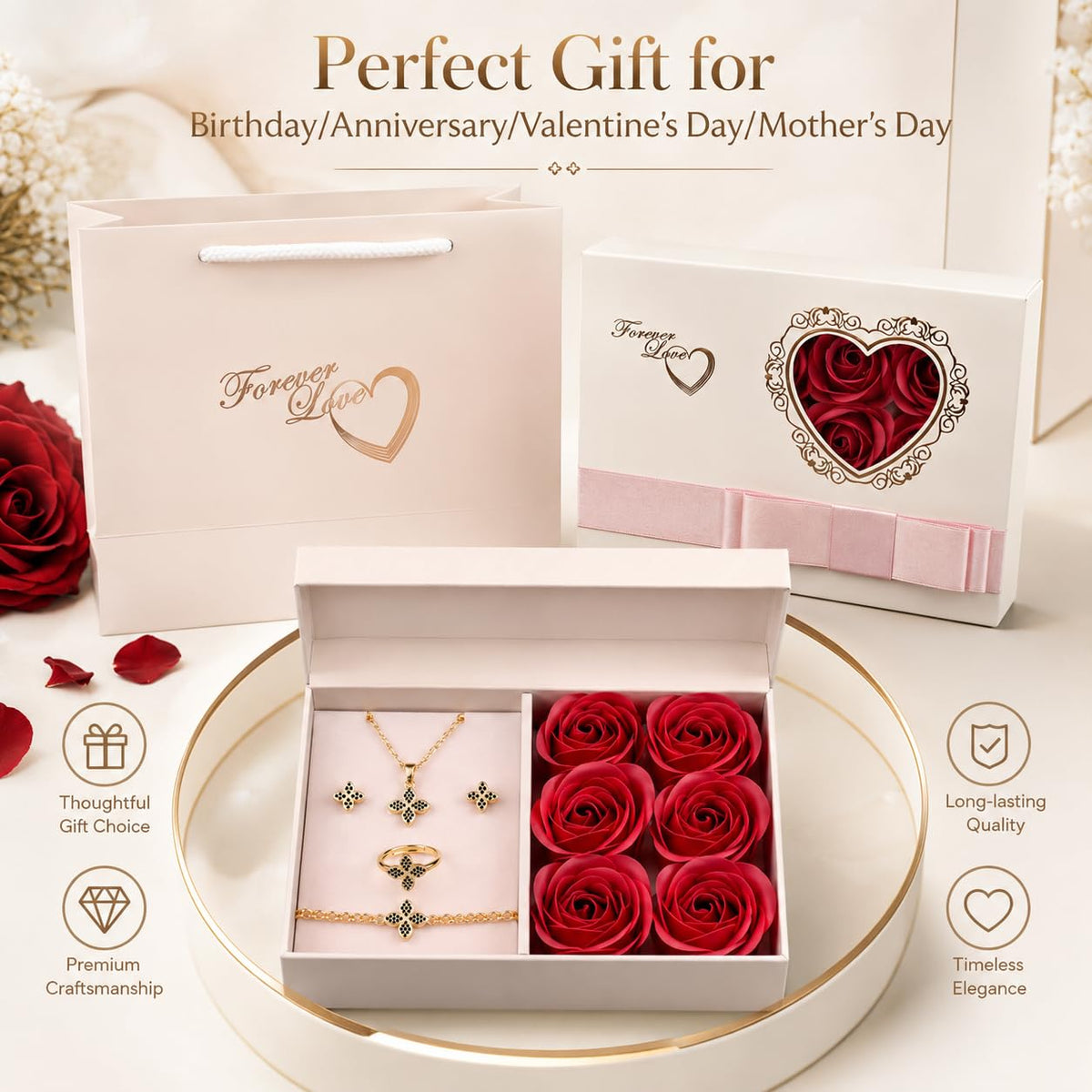 VTVKT Gifts for Women Jewelry Sets, 4-Piece Rose Gold Women's Watch Jewelry Gift – Rose Gold Plated stainless steel