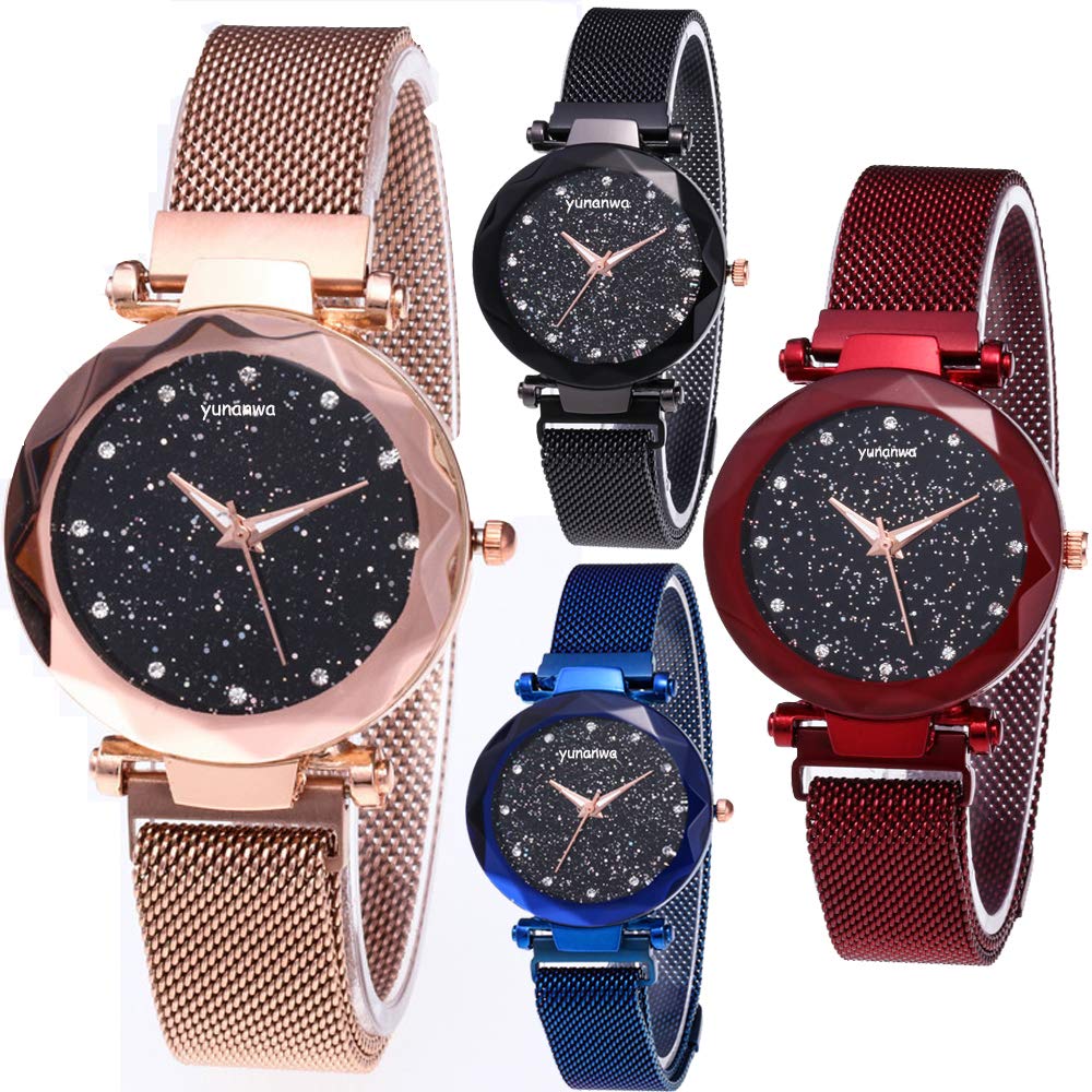 yunanwa 4 Pack Women Ladies Watches, Starry Sky Magnet Buckle Dial Diamond Cutting Mesh Brand Straps Bracelet Wristwatch