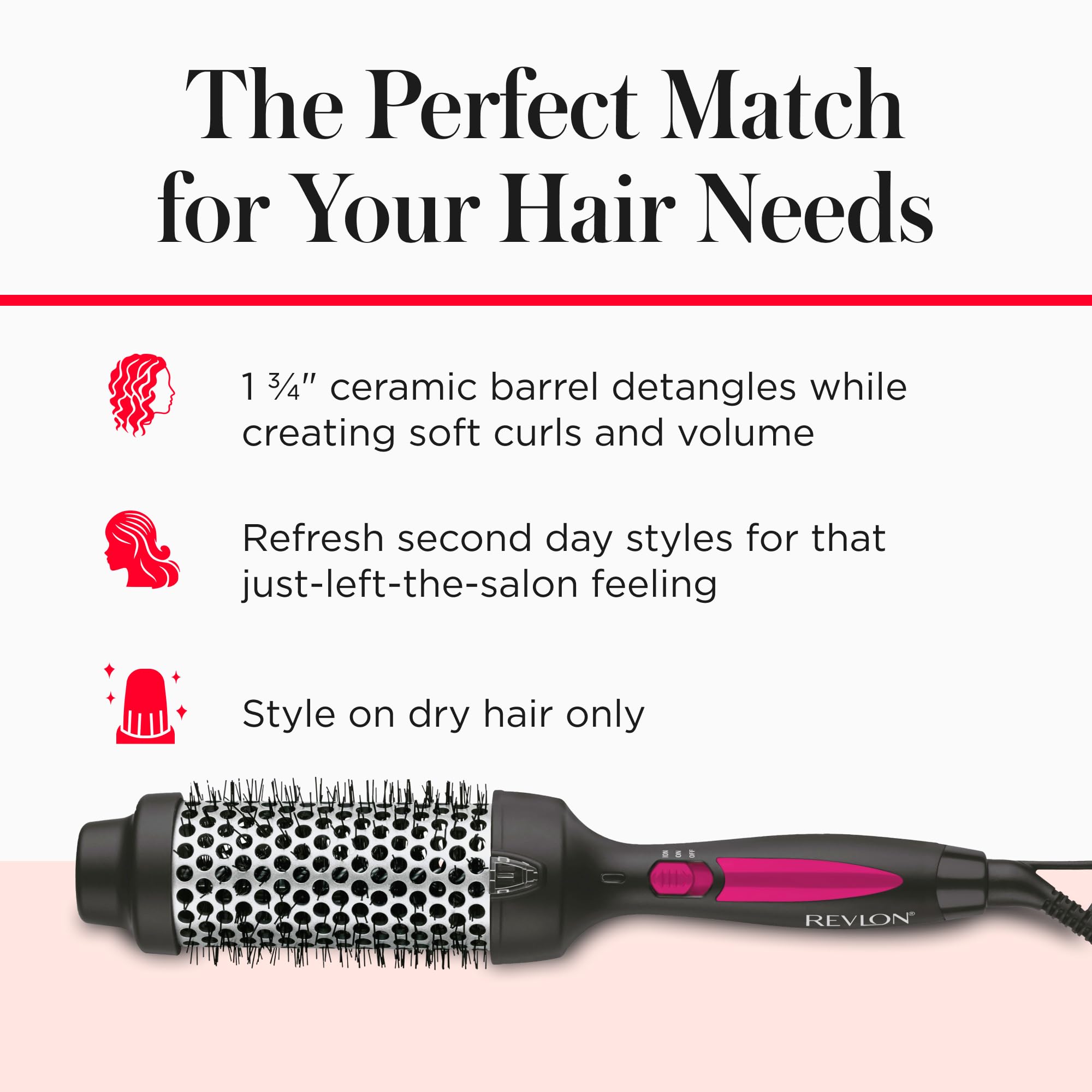 Revlon Perfect Match Hot Styler 1¾-inch heated hair brush for styling and drying hair, with a sleek design and ergonomic handle.