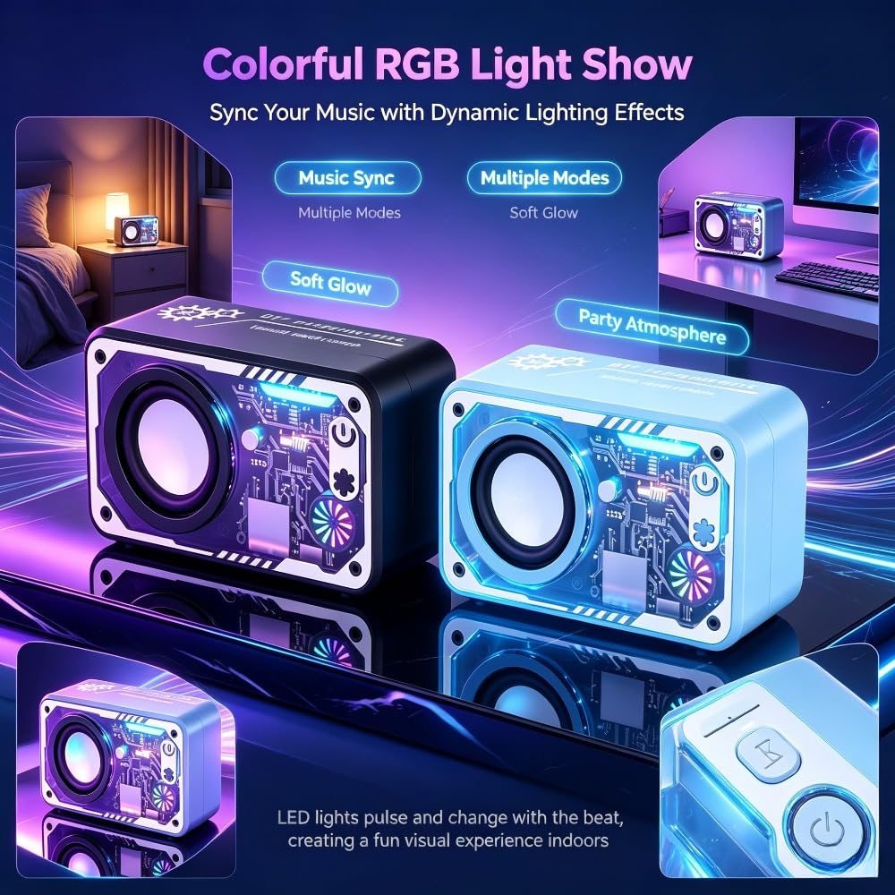 2pcs Portable Wireless Speaker with Glitter LED Light.Type-C Charging, Music Player, Birthday, Parties, Beach, Camping &
