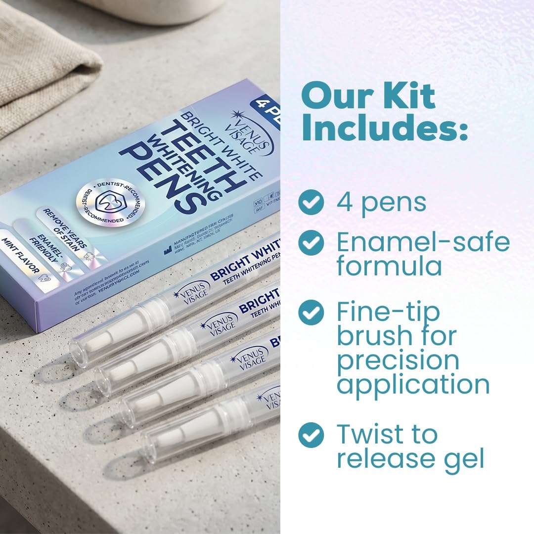 Venus Visage Whitening Pen 2-pack with enamel-safe mint flavor, featuring sleek white pens for at-home teeth whitening.
