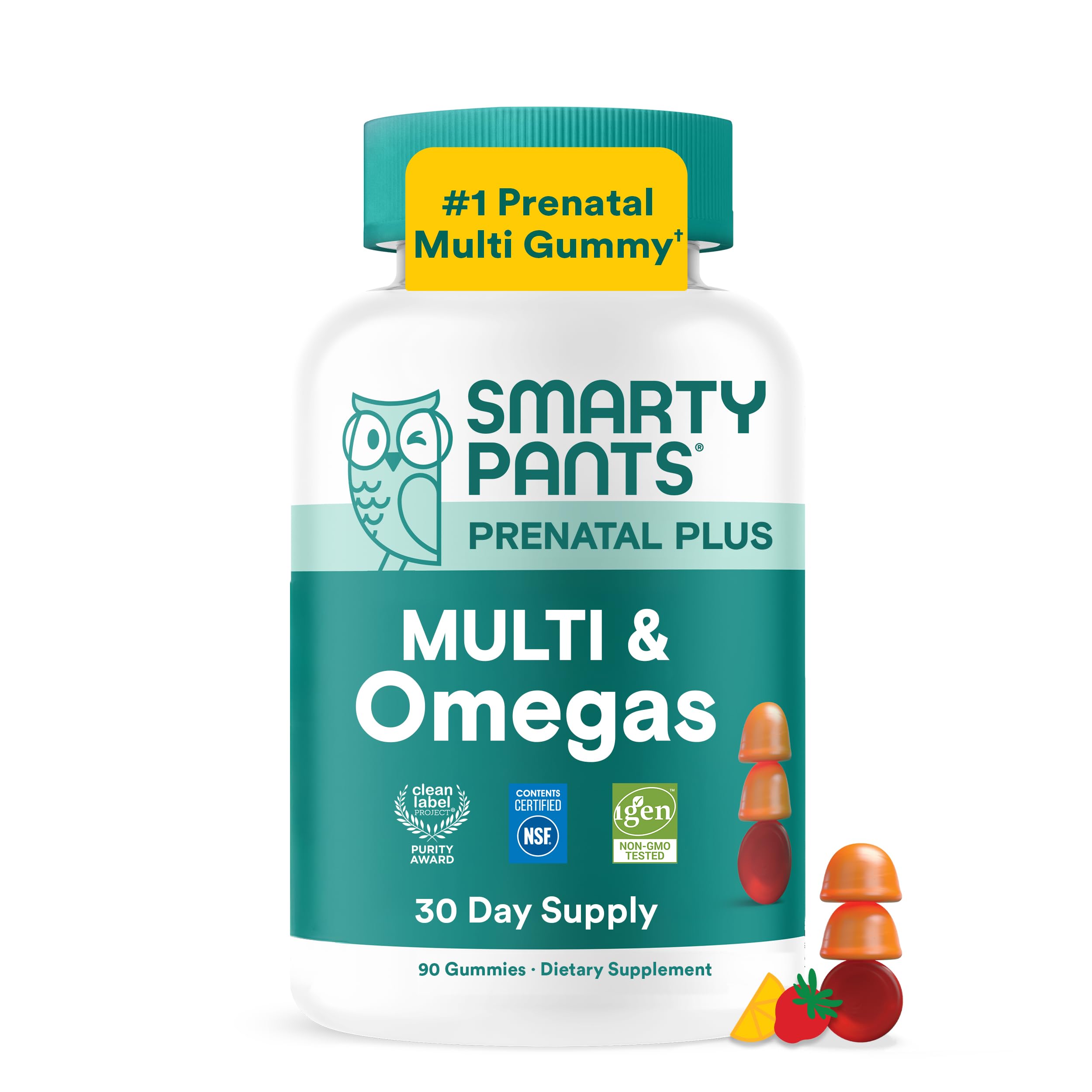 SmartyPants Prenatal Multivitamin Gummies with Omega 3 DHA/EPA, Methylfolate, Biotin, Vitamins D3, C, B12, B6, A, K, and Zinc, Gluten Free, Clean Label, Two Fruit Flavors, 90 Gummies (30 Day Supply)