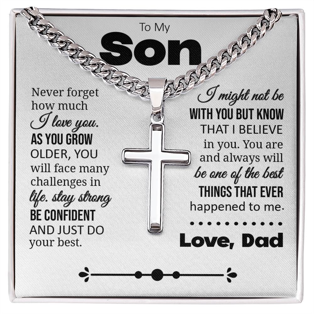 PLUZRLUV To My Son Gift, Cuban Chain with Cross Necklace, Sentimental Jewelry from Dad, Thoughtful Keepsake for Son, Ins