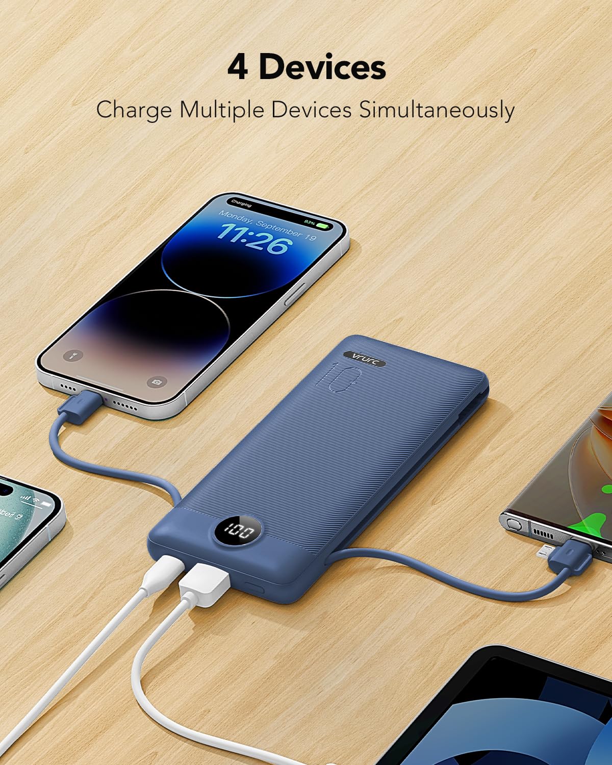 VRURC Portable Charger Built-in Cables and AC Wall Plug, USB C Power Bank 10000mAh, Travel Battery Portable Phone Charge