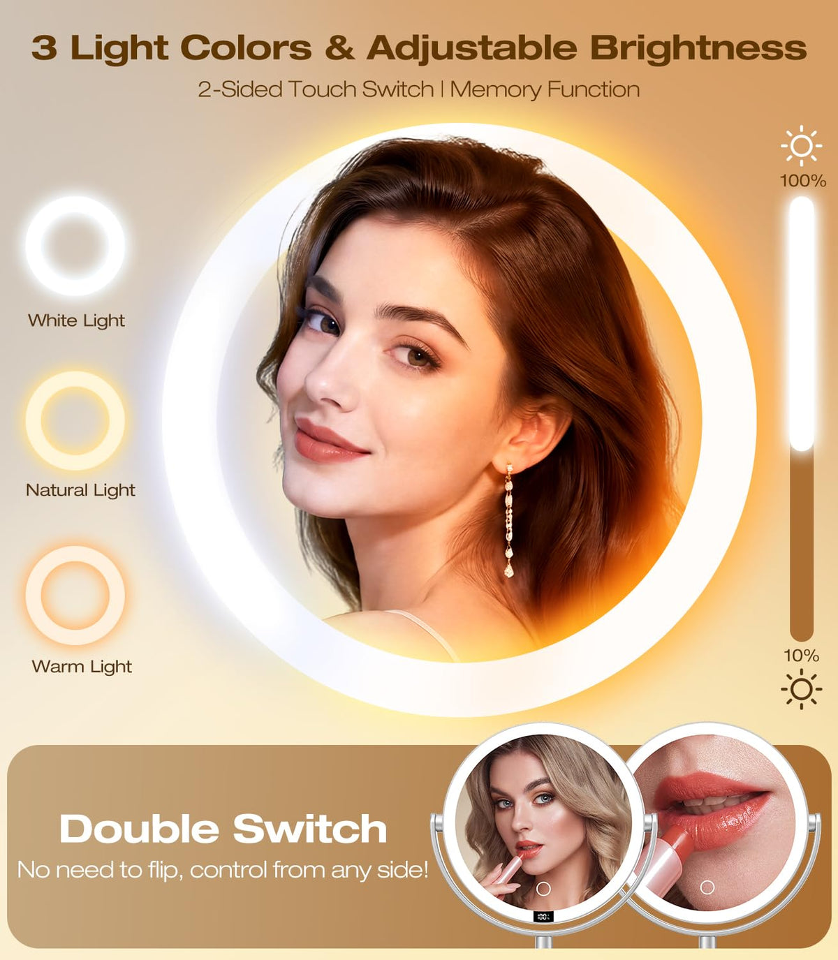 Gospire 8”Wall Mounted Lighted Makeup Mirror with Digital Display, 4000mAh – close-up detail in Silver