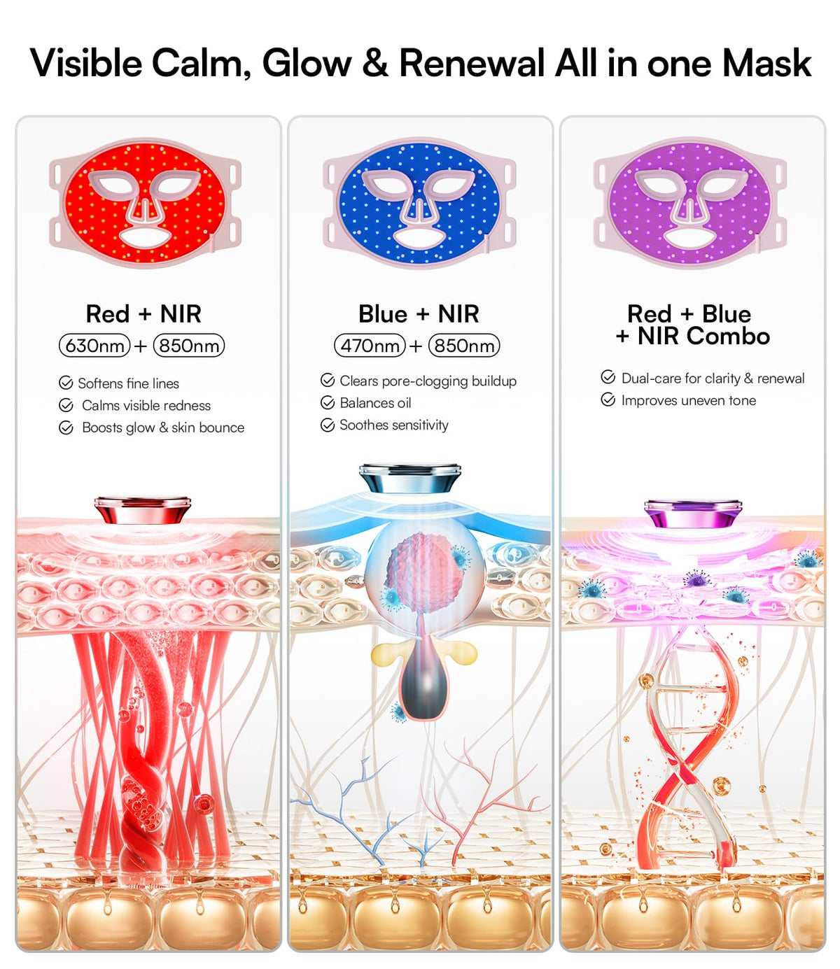 INIA Red Light Therapy Mask for Face, 850nm NIR, Red/Blue LED Light 4 Modes – close-up detail