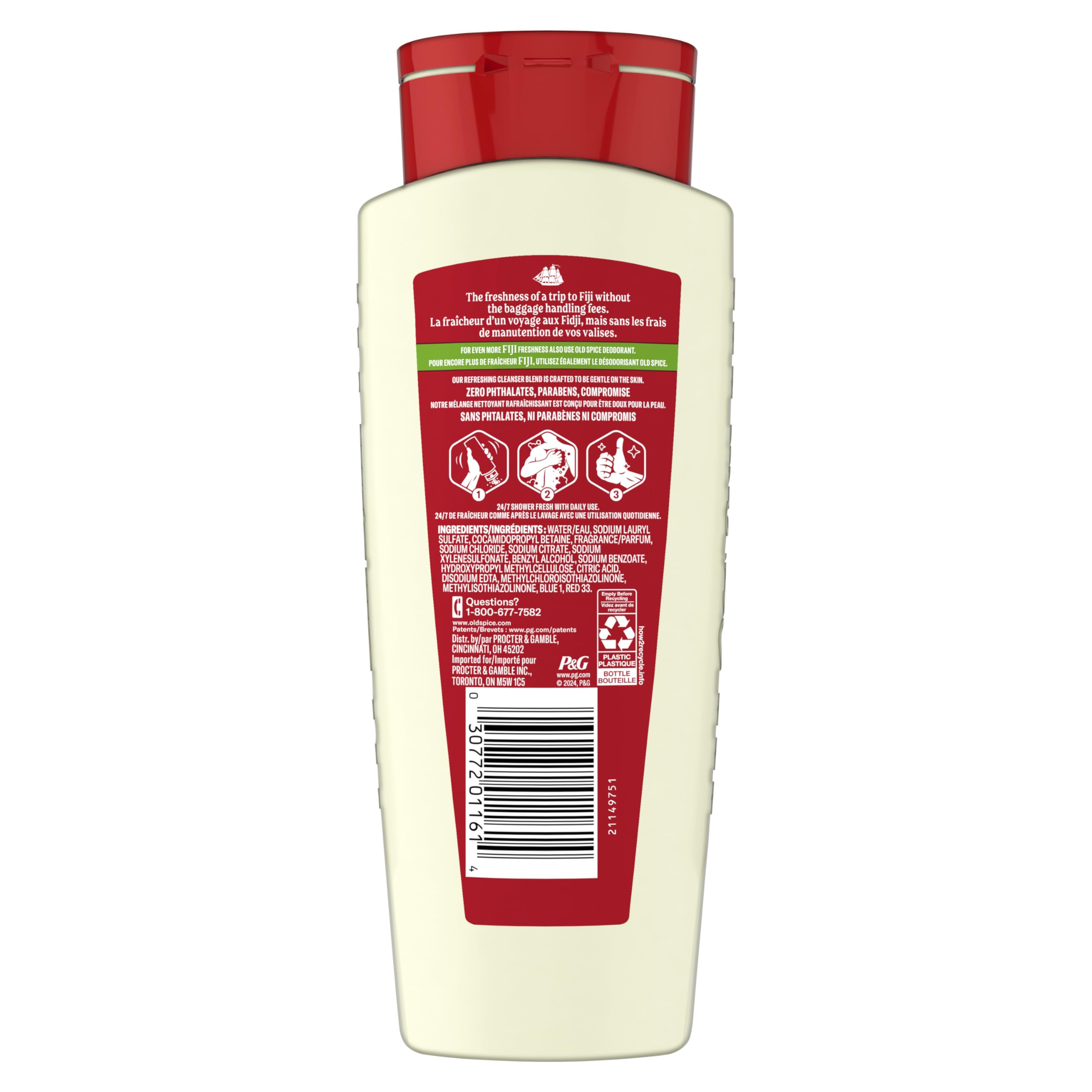 Old Spice 24/7 Shower Fresh body wash for men in 18 oz bottles, with palm tree and coconut scent, featuring vitamin B3.