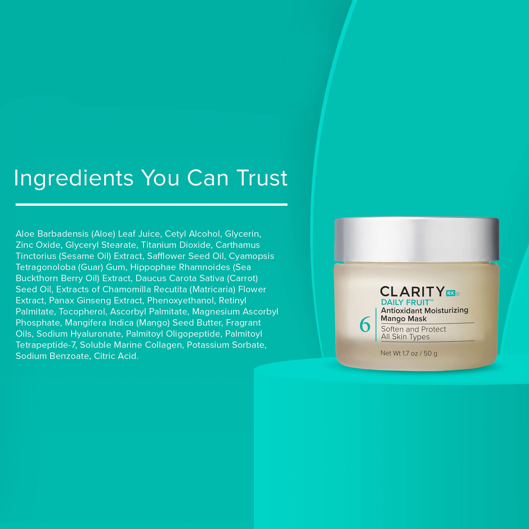 ClarityRx Daily Fruit Antioxidant Mango Face Mask for mature or dry skin, creamy plant-based anti-aging skin treatment in 1.7 oz jar.