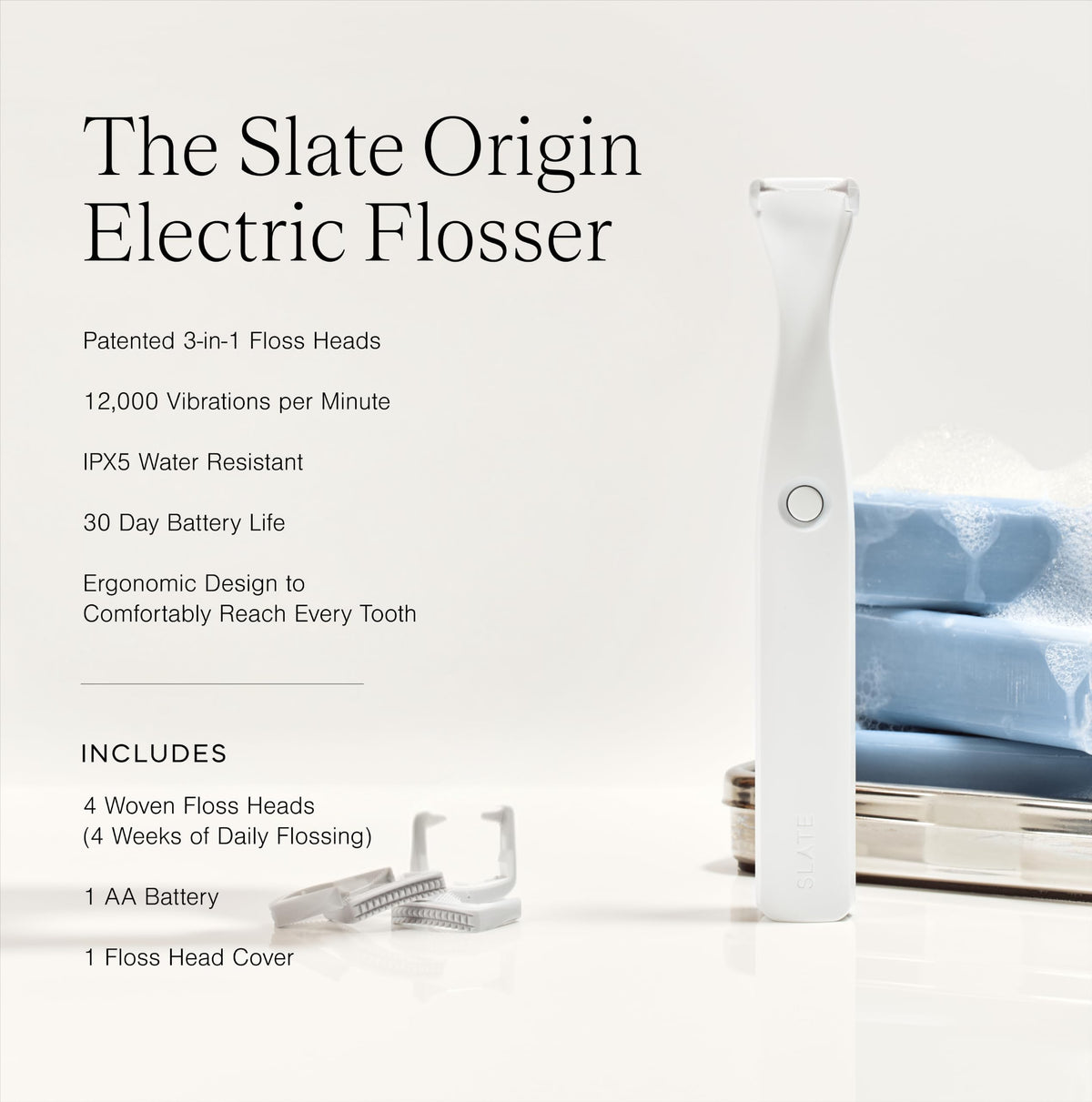 Slate Origin 3-in-1 Battery-Powered Electric Flosser, Dentist Invented – close-up detail