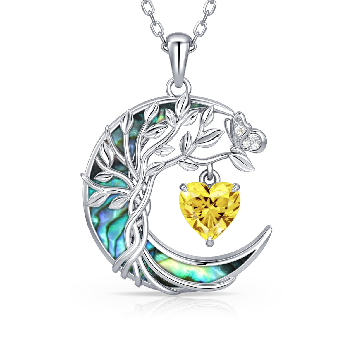Distance Tree of Life Birthstone Necklace for Women, S925 Sterling Silver Premium Abalone Shell Moon Pendant, Heart Birt
