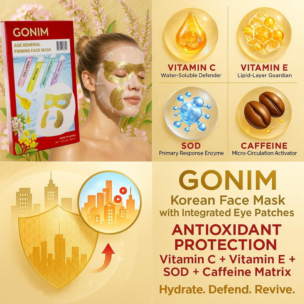 GONIM Korean Firming Face Mask, Anti Aging Mask with Integrated Eye Patches – full view, size 4 Count (Pack of 1)