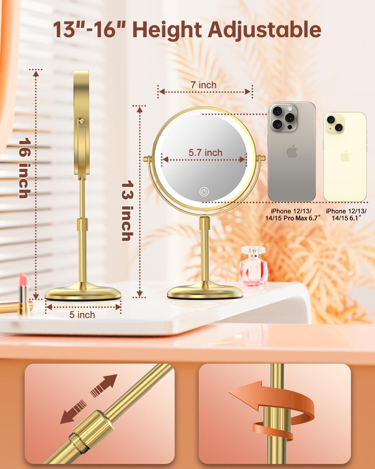 Benbilry 7" Lighted Makeup Mirror with 3 Color Lights & 10X Magnification, Adjustable Brightness & Height, 360° Swiv