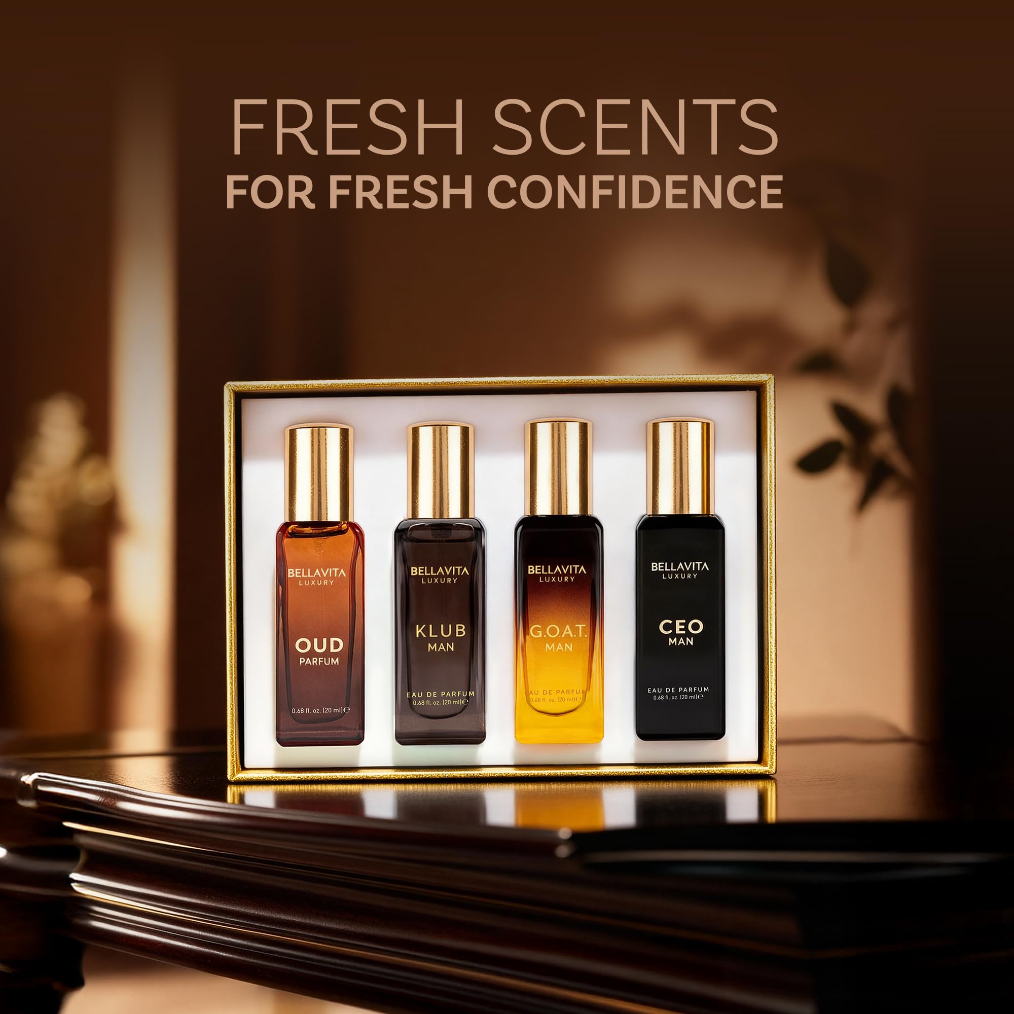 Bella Vita Luxury men's perfume gift set with four 20ml bottles, featuring elegant packaging and a variety of sophisticated scents.