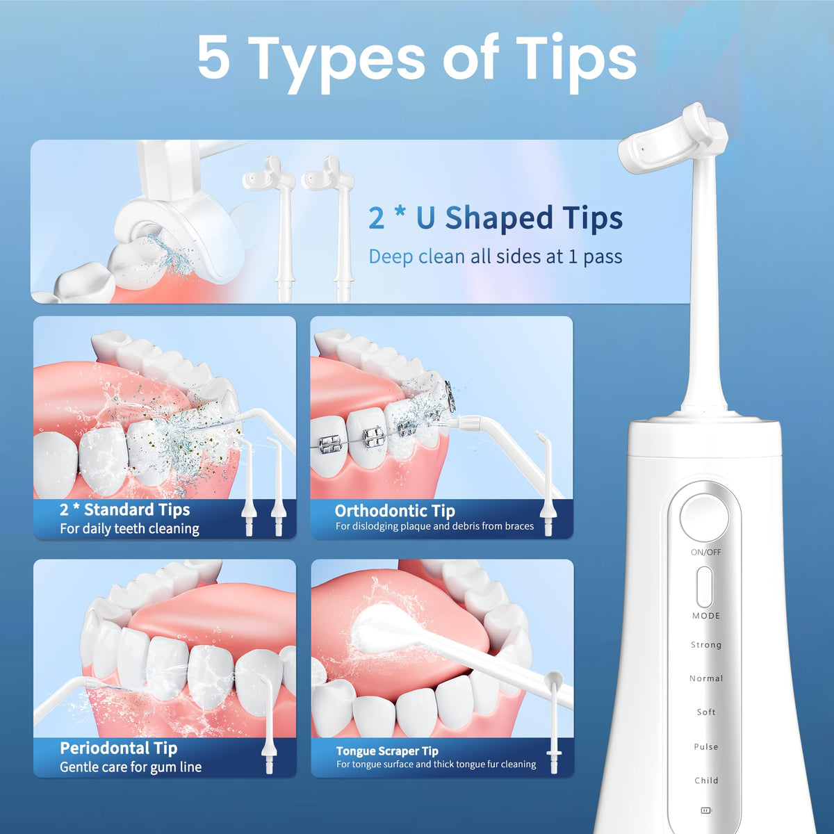 Cordless Water Flosser with U Shaped Nozzle 350ML Tank 7 Jet - Ducard Official Imagery - 4