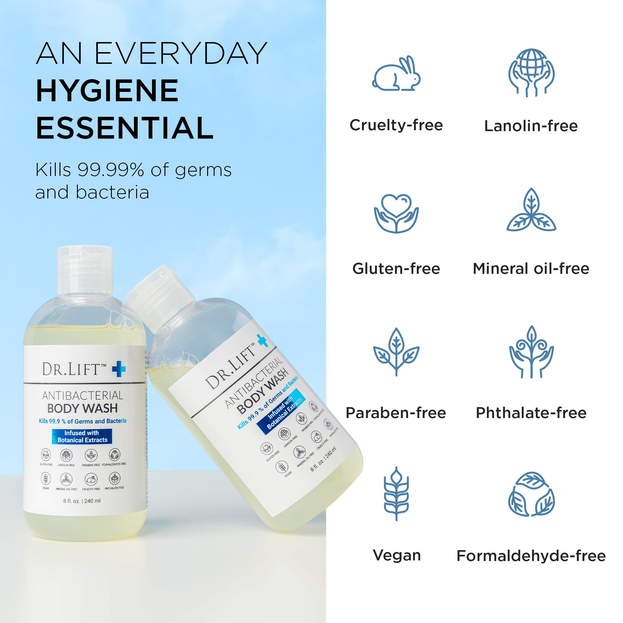 Dr. Lift antibacterial body wash in lemon scent with spirulina, vegan skin cleansing agent in an 8 fl oz bottle.