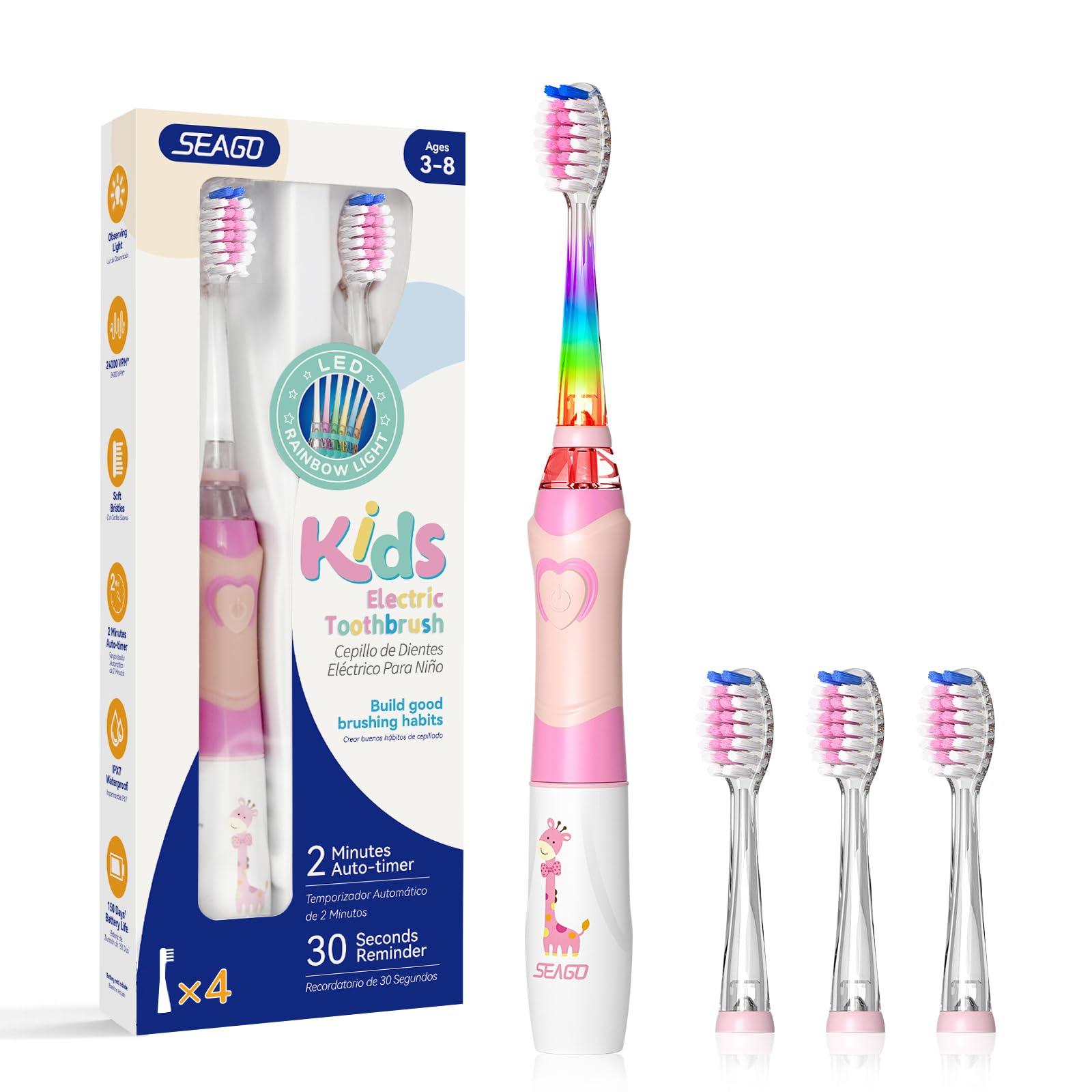 SEAGO Kids Electric Toothbrush, Timer, LED Light, AAA-Powered, 4 - Product Imagery