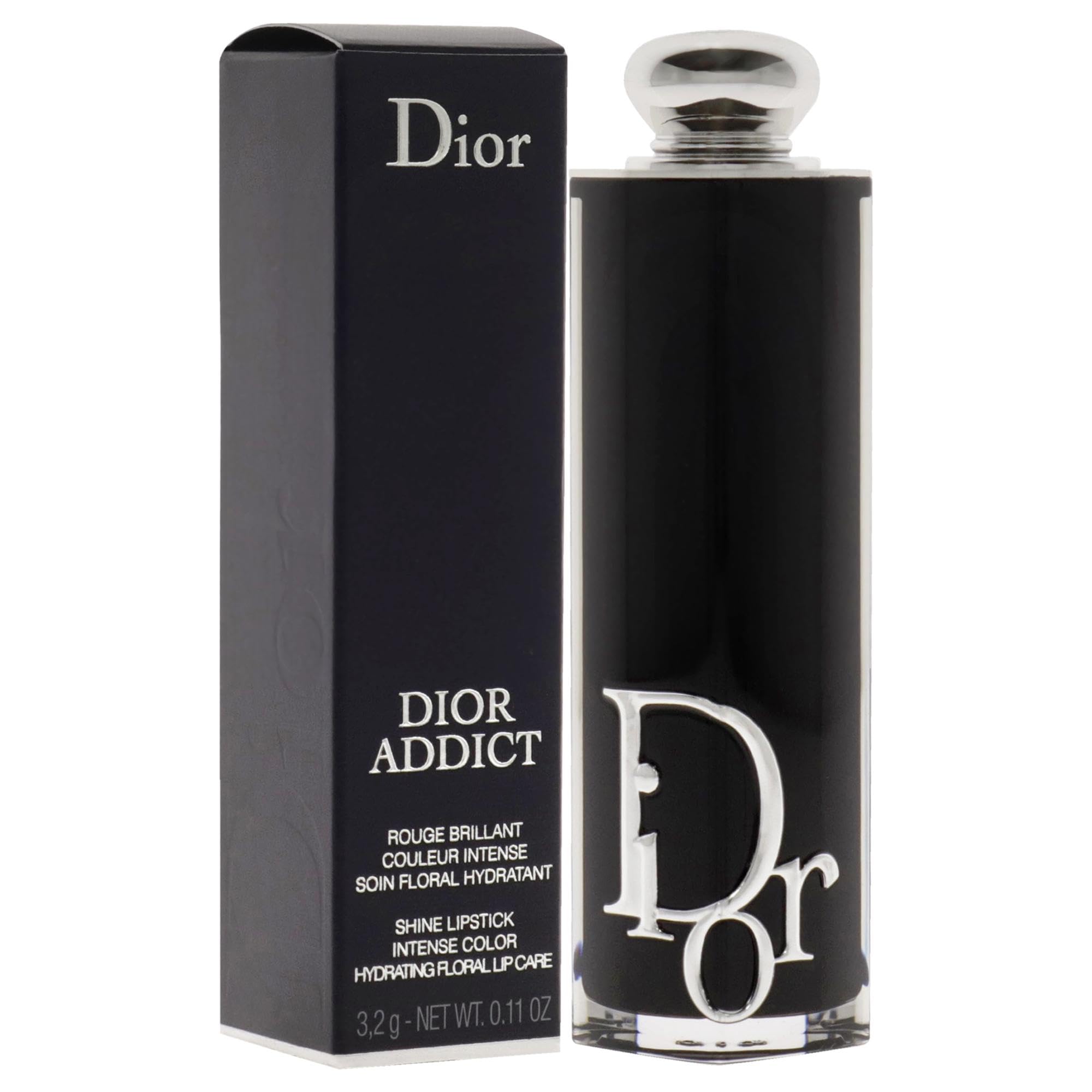 Dior Addict Hydrating Shine Lipstick in refillable 0.11 oz with glossy pink lip color and sleek packaging.