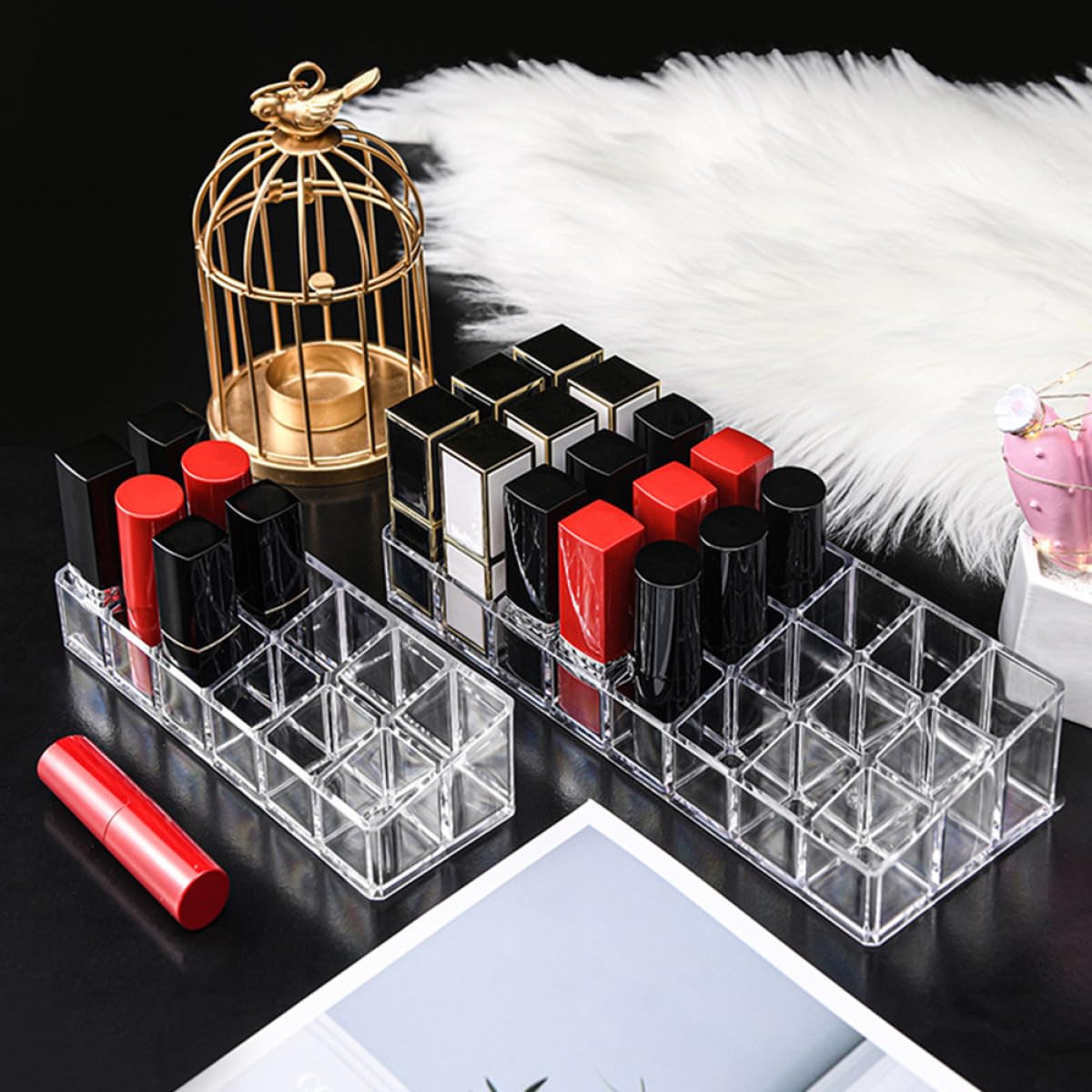Sewroro 2-piece lipstick and lip gloss organizer caddy with 12-slot double-layer design for cosmetics on a vanity or makeup table.